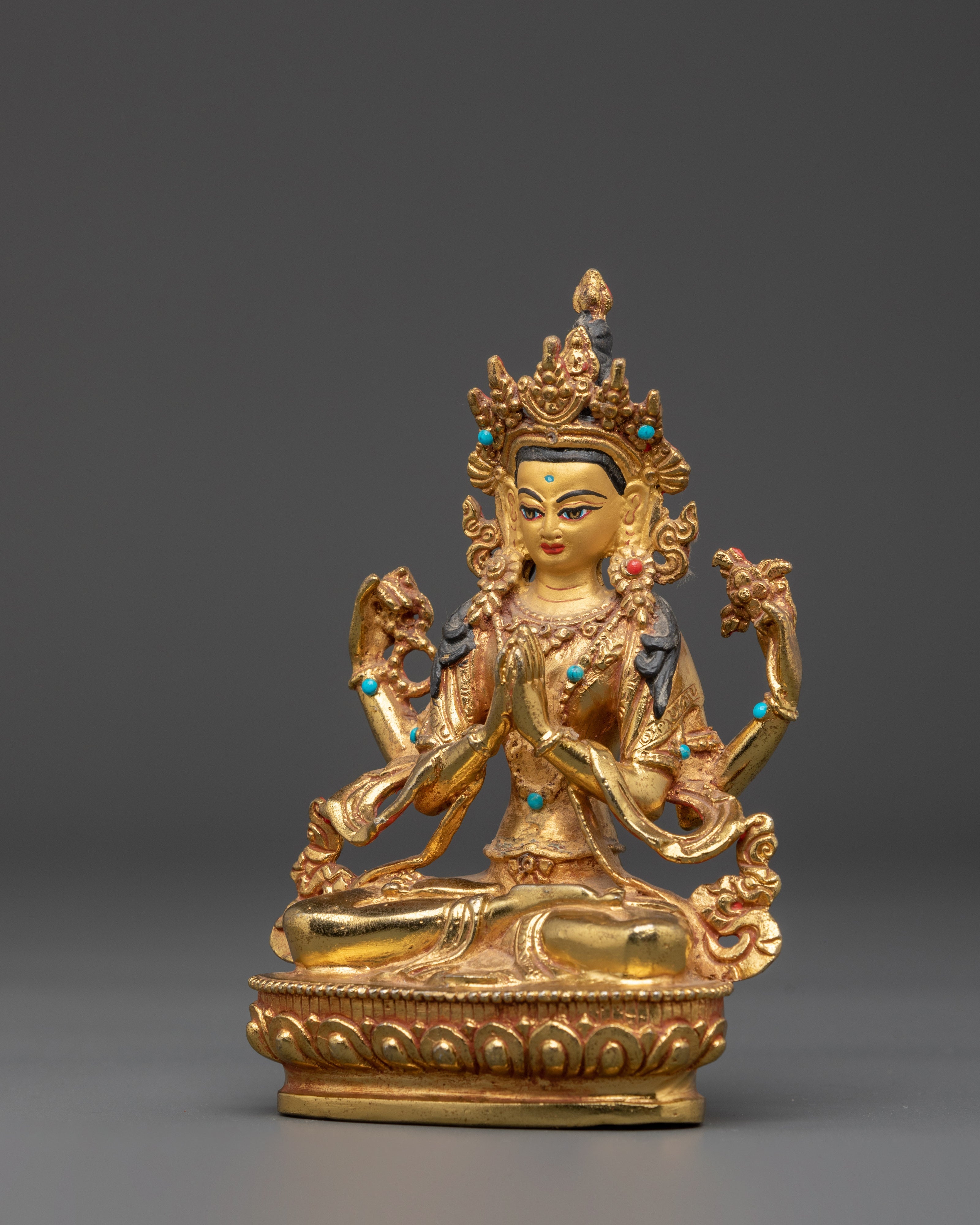 Turquoise Coral Inlaid Chenrezig Statue | Statue For Decor