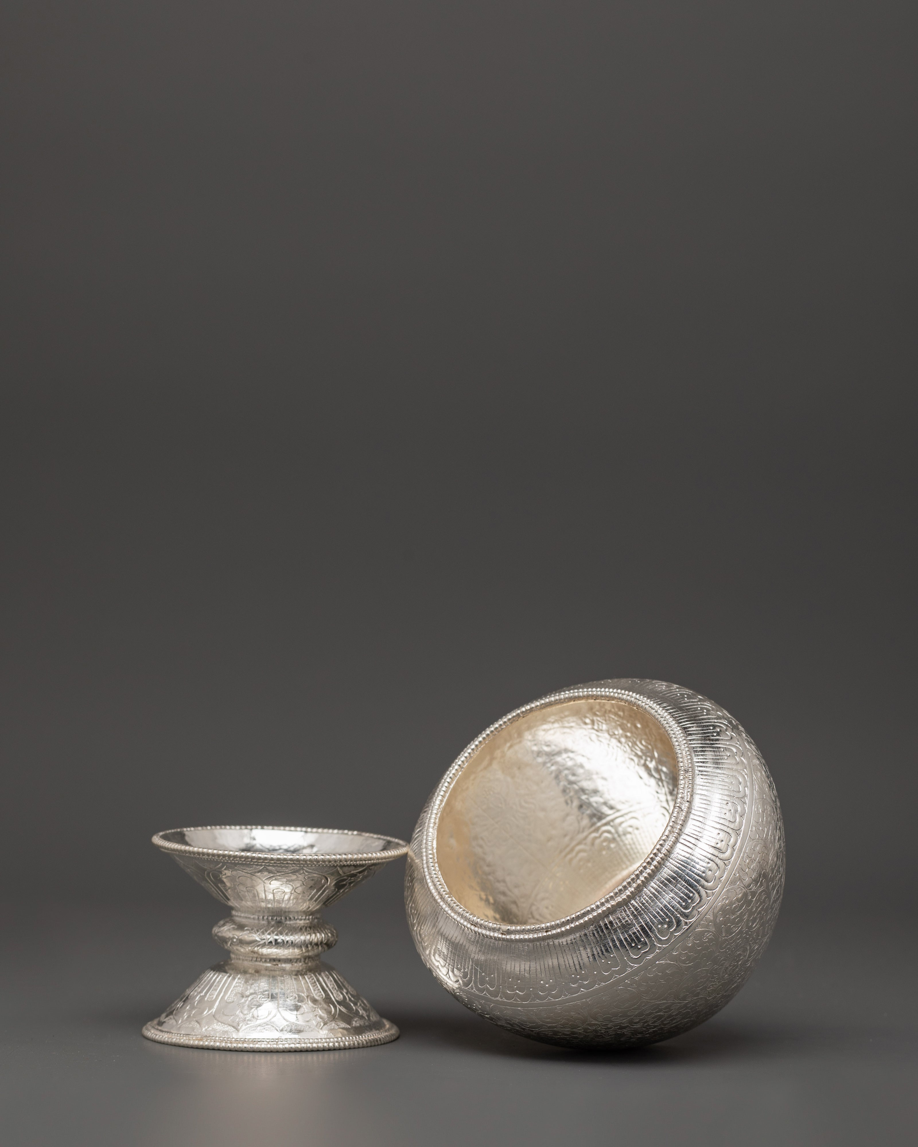 Tibetan Pure Silver Golpa Rice Pot with Stand | Sacred Offering Vessel