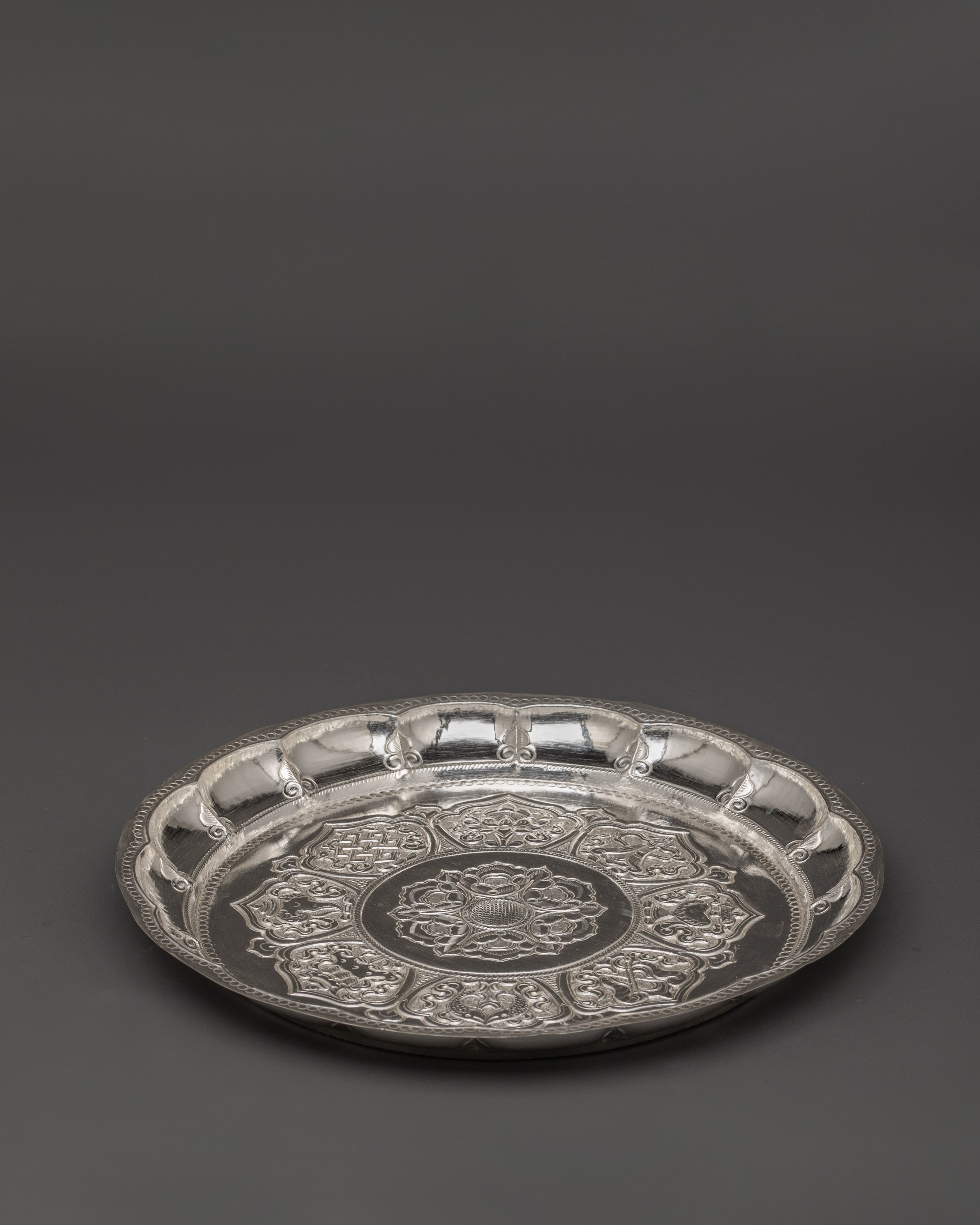 Pure Silver Pooja Thali with 8 Auspicious Symbols | Tibetan Buddhist Altar Plate for Rituals