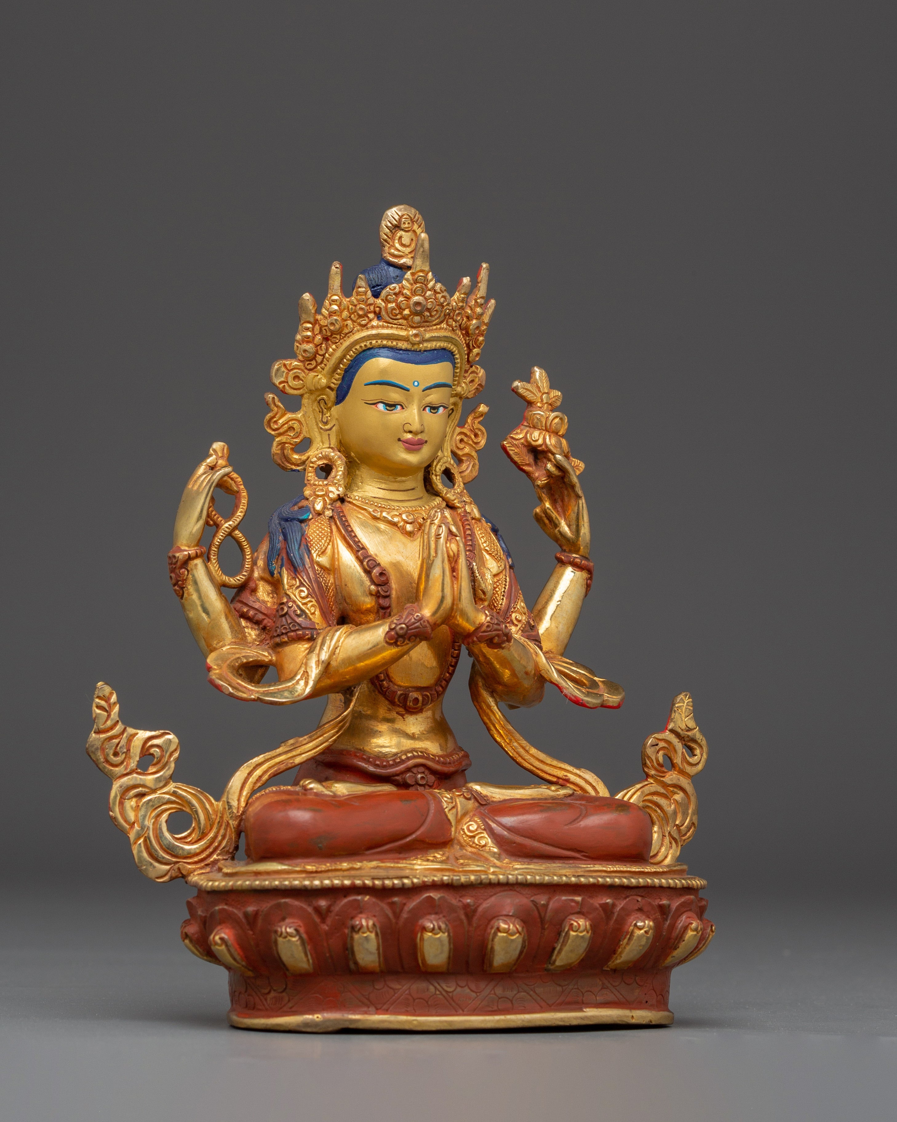 Sacred Statue of Bodhisattva Chenrezig | Copper & Gold Gilded with Acrylic Color