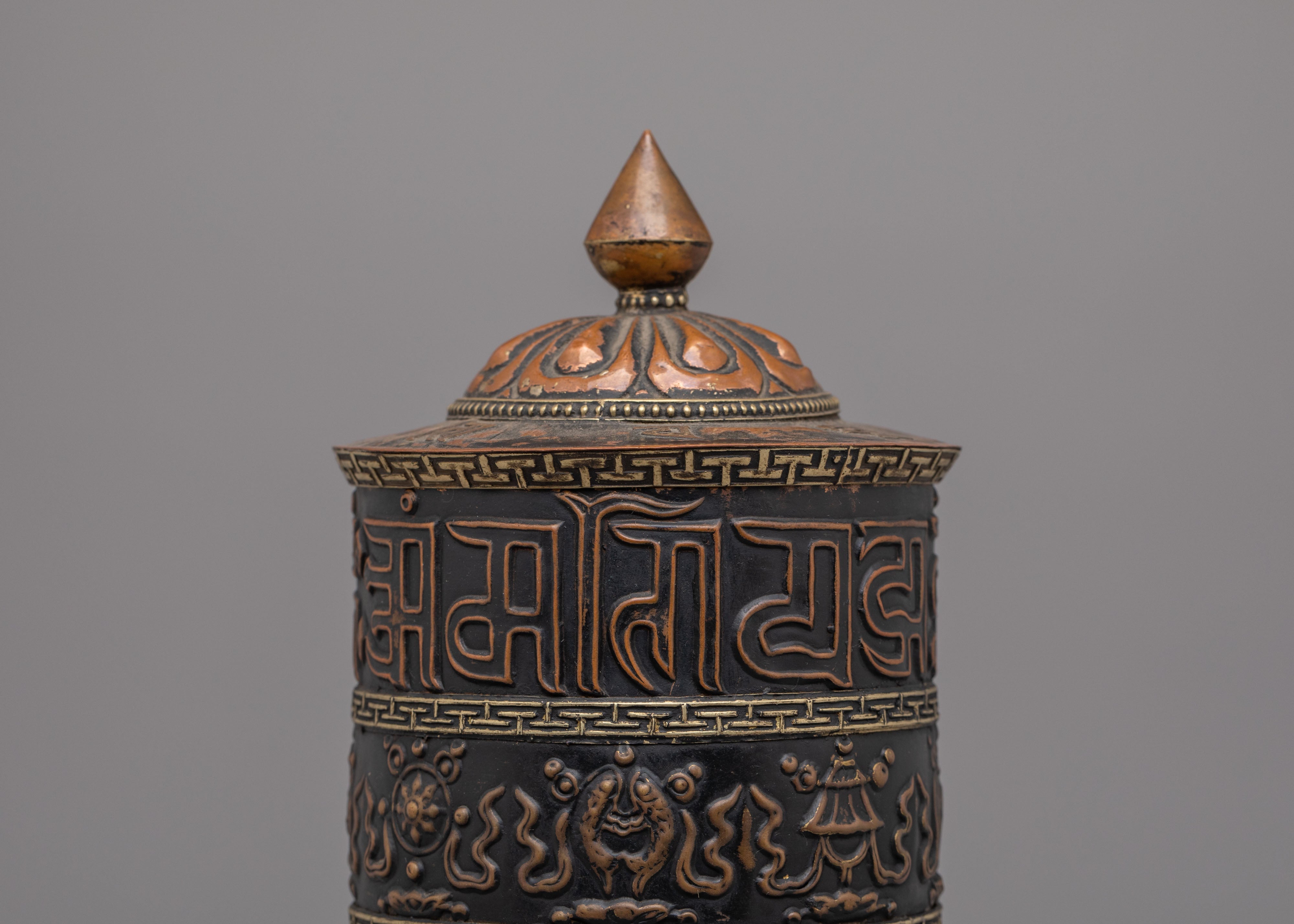 Decorative Tibetan Prayer Wheel with Base | Handcrafted Copper and Wooden Decor