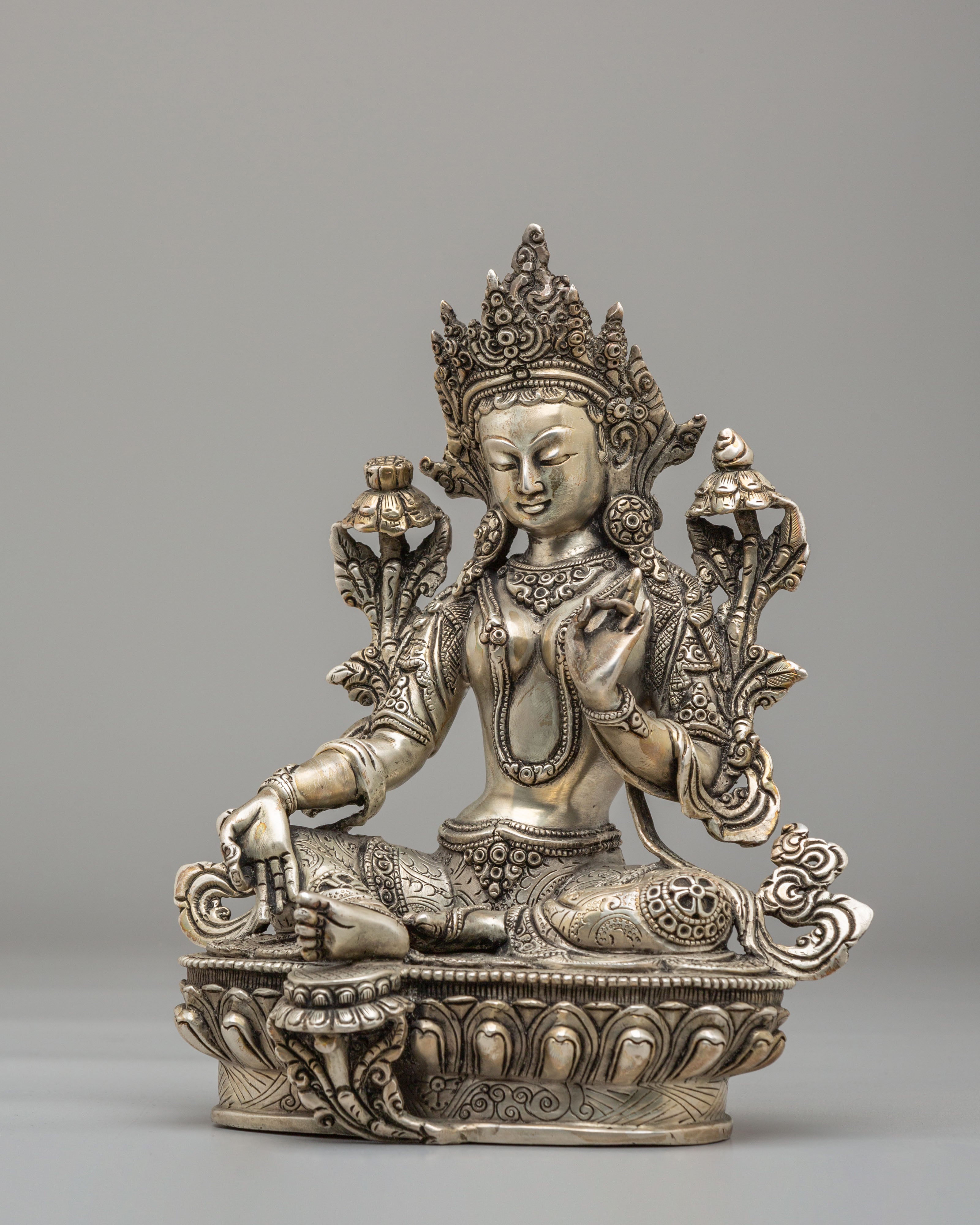 Green Tara Mother of Liberation Statue | Silver Plated Copper Buddhist Sculpture