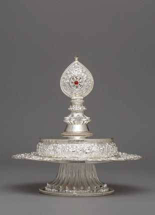 Handcrafted Silver Ritual Item Mandala Offering Set | 17.5cm Rice Offering Set