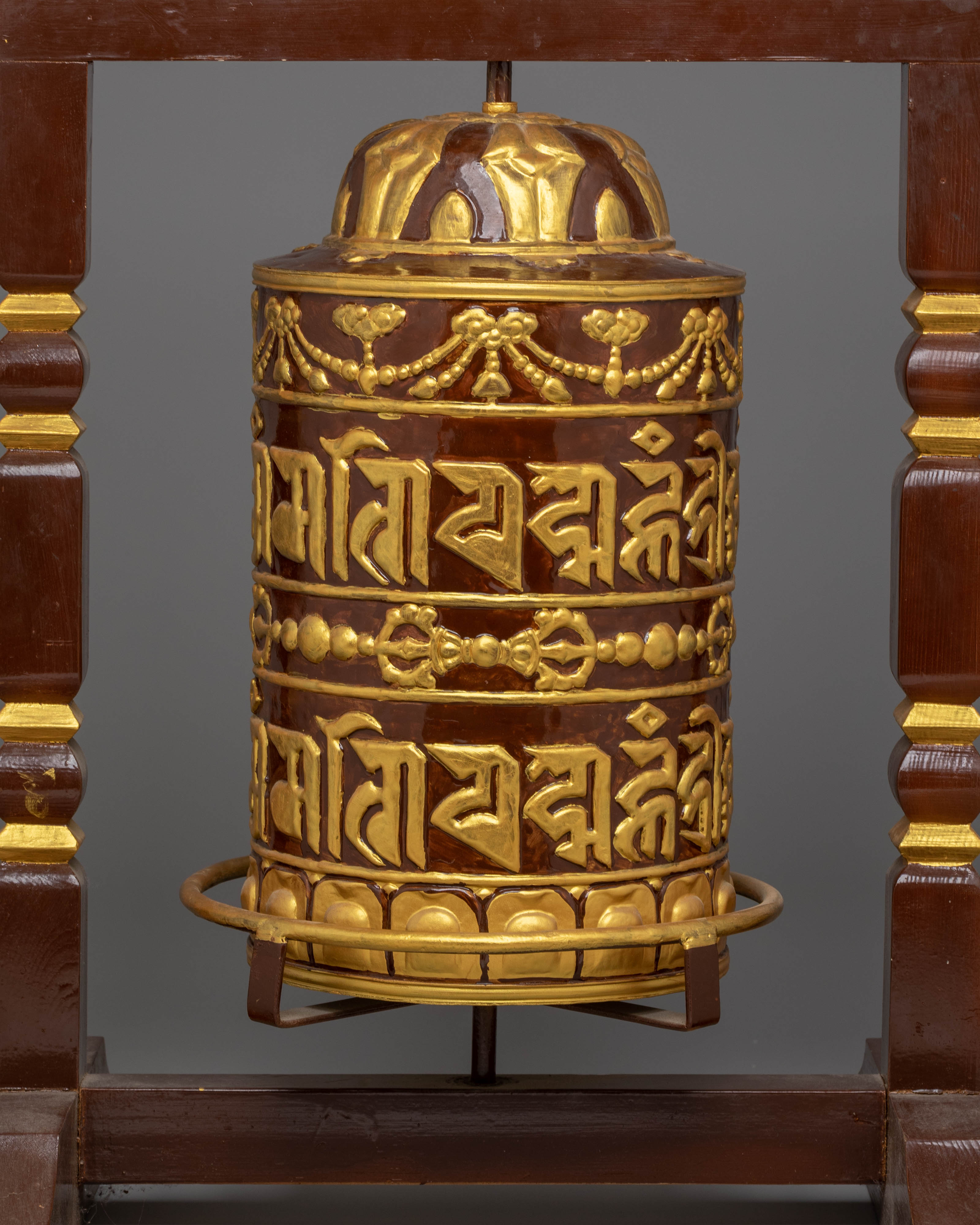 Prayer Wheel: Traditional Ritual Item | Copper Body with Acrylic Colors and Wood Base