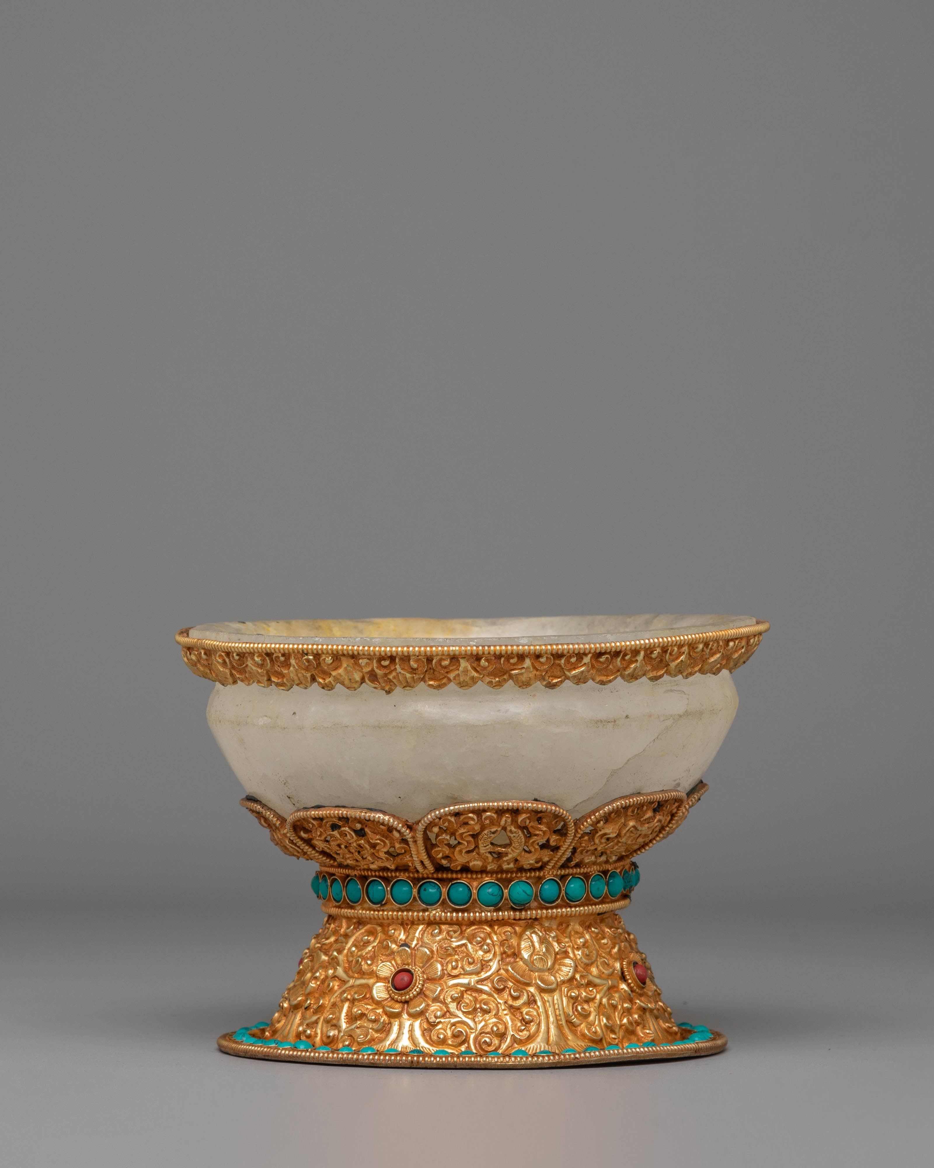 Sacred Tibetan Handcrafted Rice Pot | Electro Gold-Plated with Coral & Turquoise