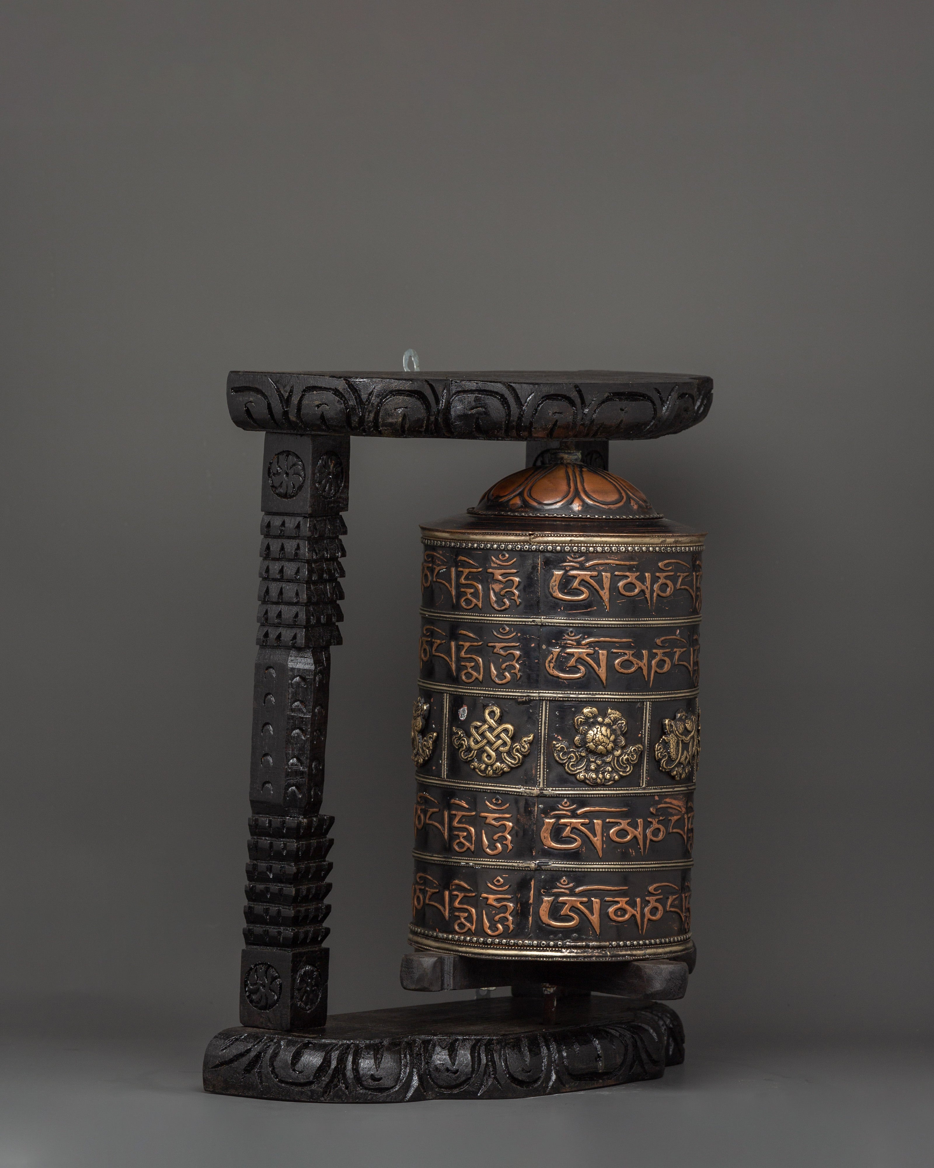 Prayer Wheel Carved with Wooden Frame | Copper & Brass Mantra Wheel