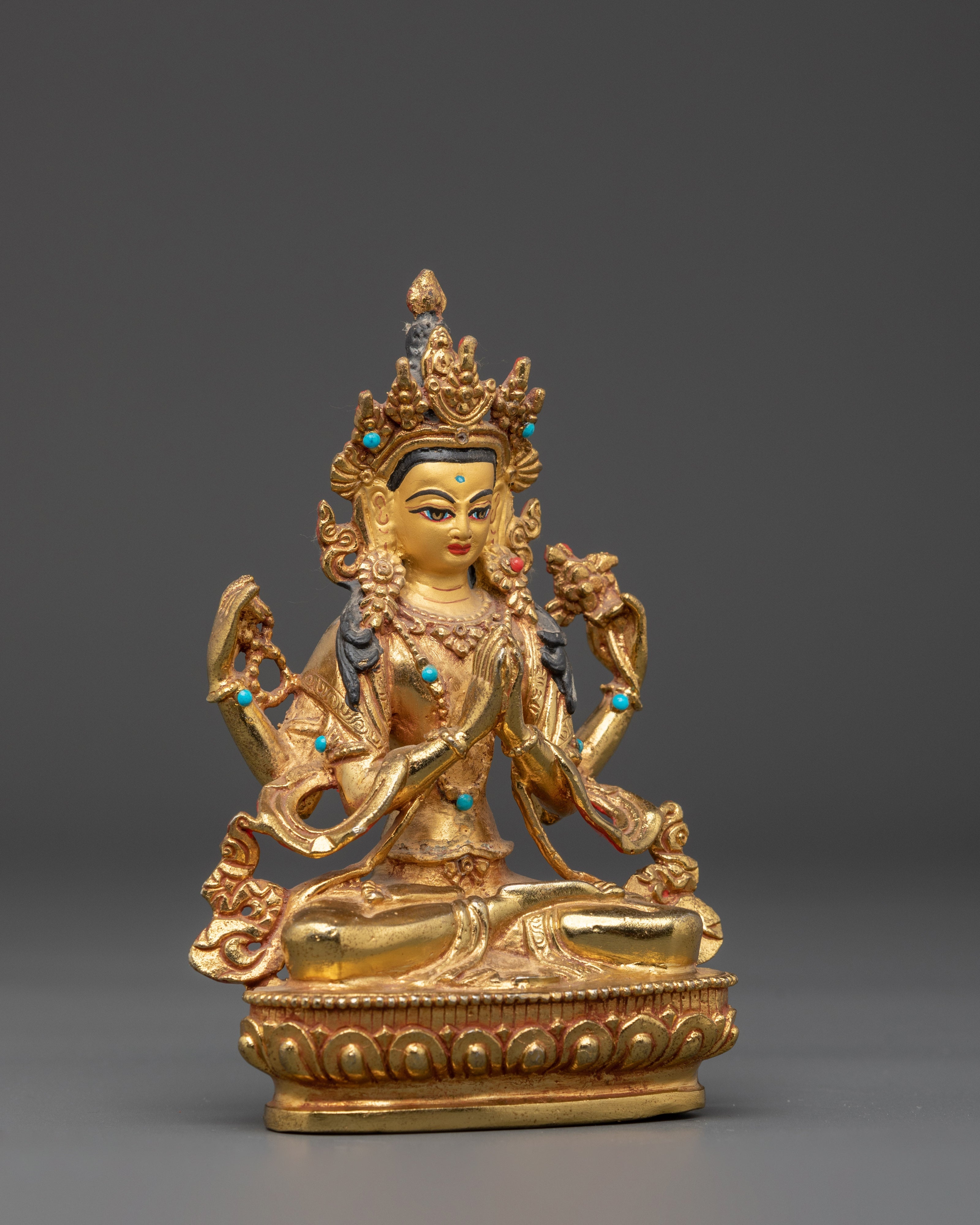 Turquoise Coral Inlaid Chenrezig Statue | Statue For Decor
