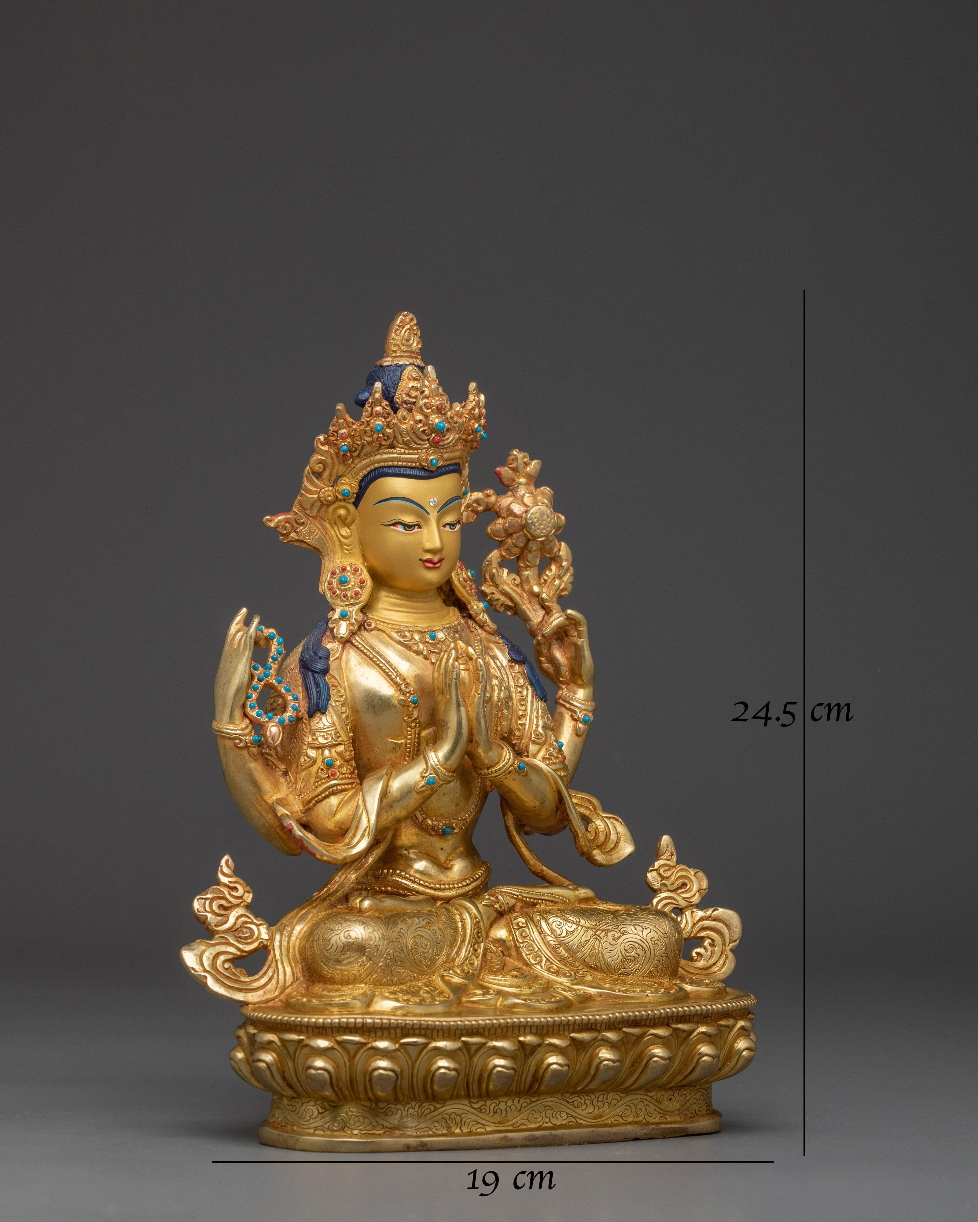  Copper Chenrezig with Gemstone Inlay 