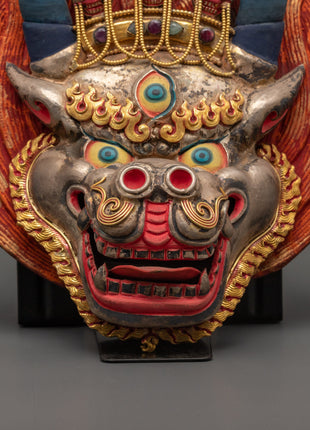 Yamantaka Buddhist Protector Deity Wall Hanging | Silver & Gold-Plated Tibetan Mask