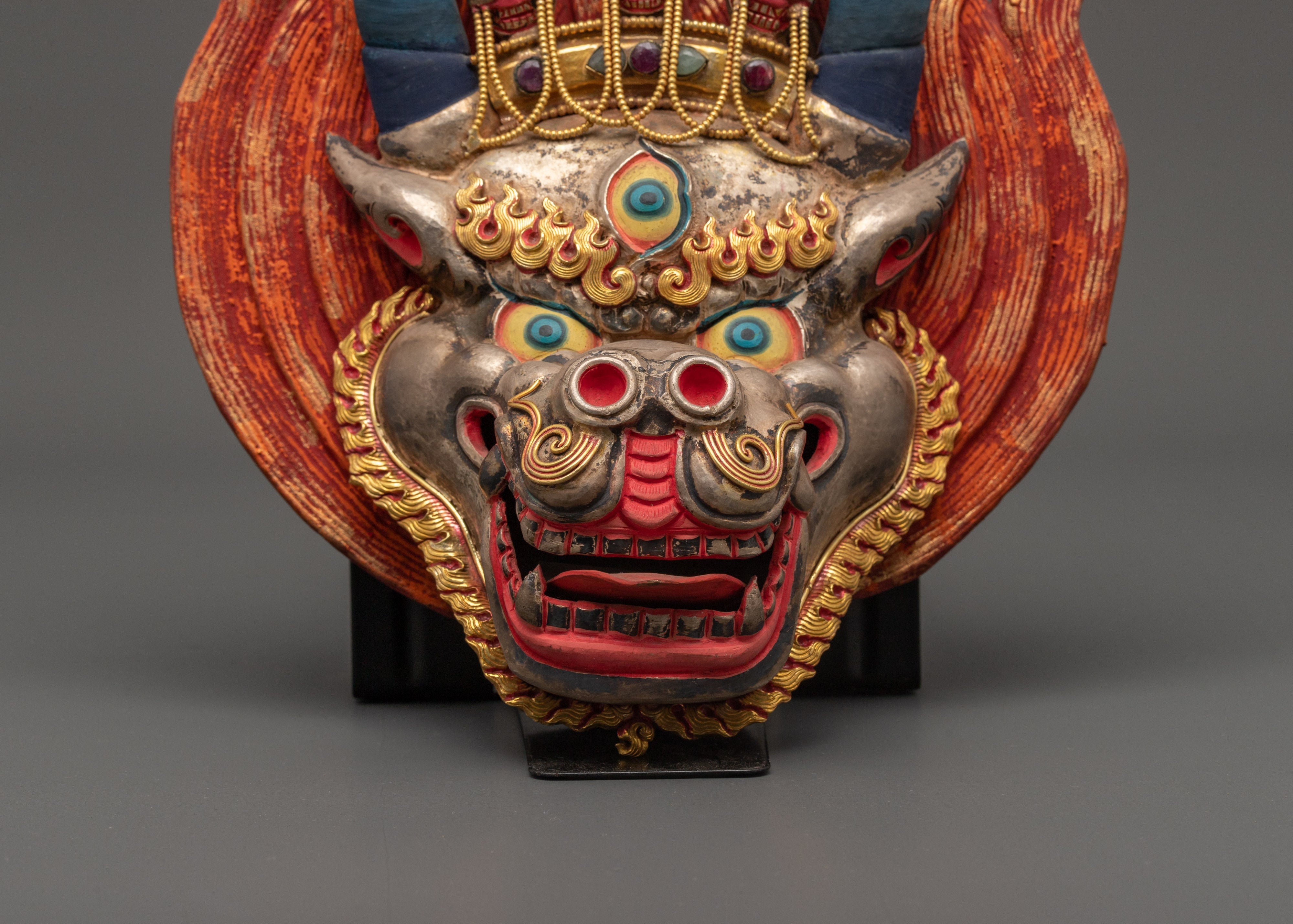 Yamantaka Buddhist Protector Deity Wall Hanging | Silver & Gold-Plated Tibetan Mask