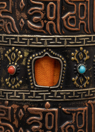 Sacred Tibetan Spinning Mantra Wheel | Copper, Coral, and Turquoise Stones