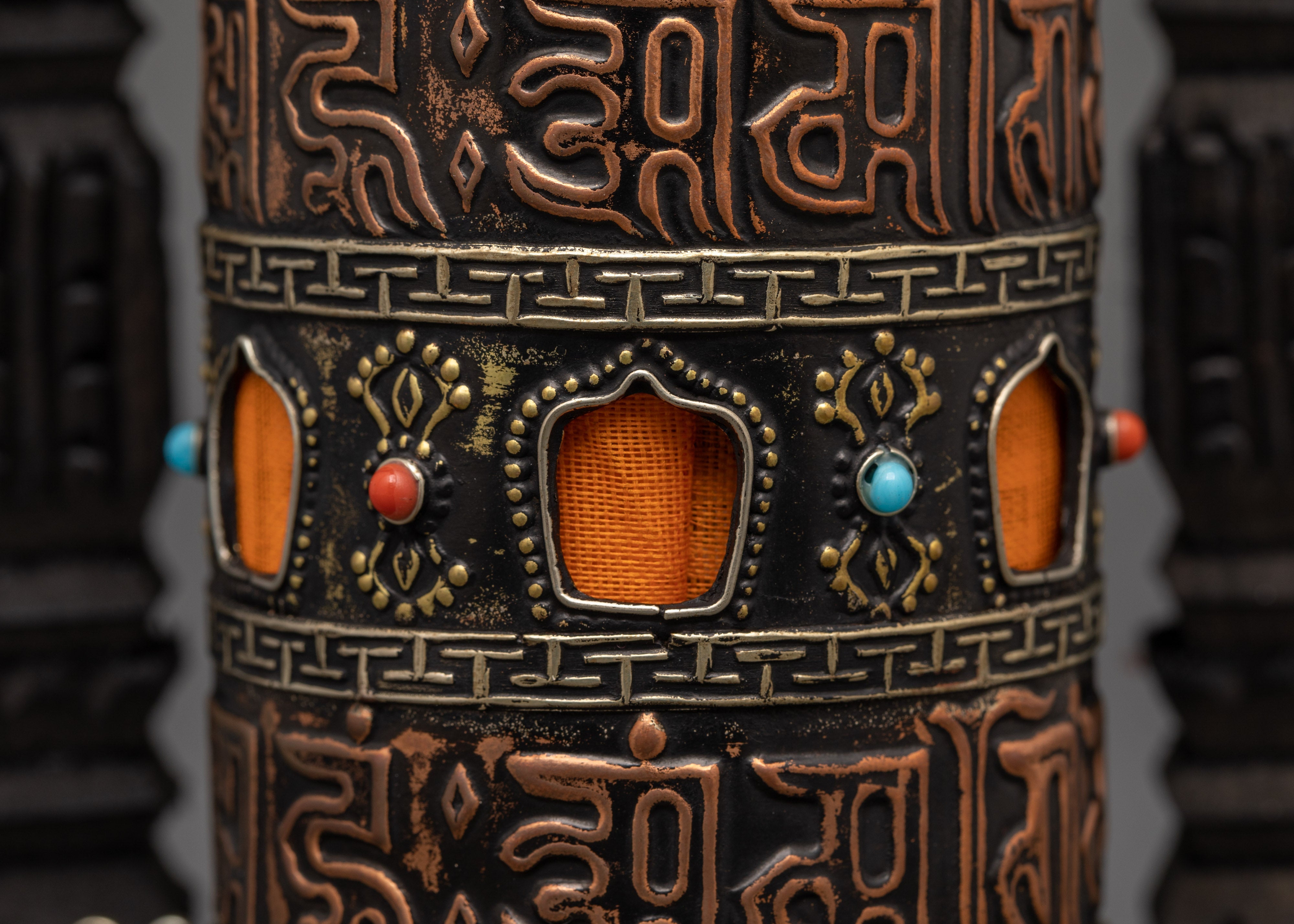 Sacred Tibetan Spinning Mantra Wheel | Copper, Coral, and Turquoise Stones