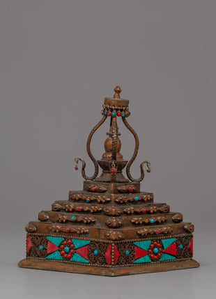 Authentic Buddhist Stupa in Oxidized Copper | Sacred Sculpture for Peace and Harmony