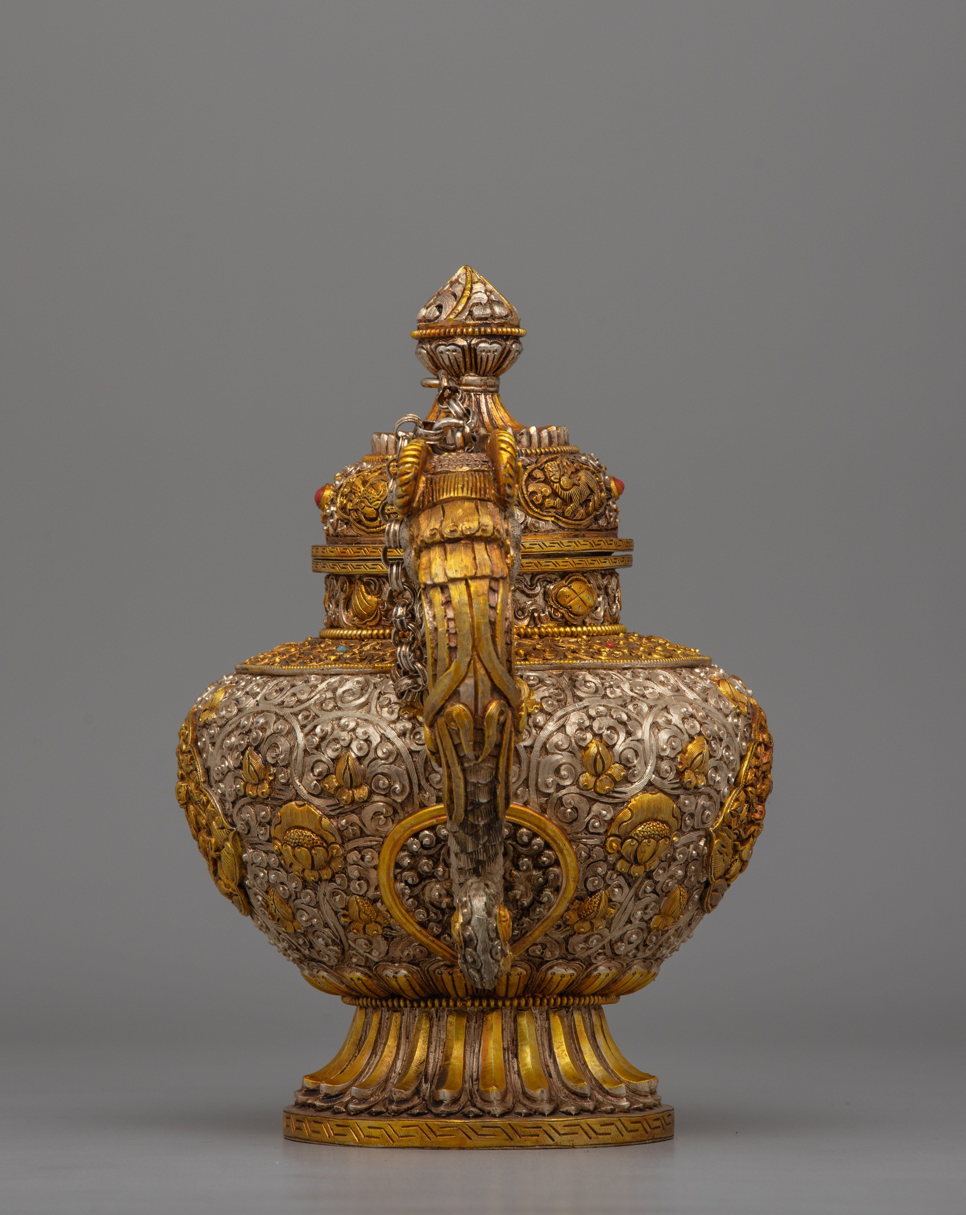 Handcrafted Tibetan Tea Pot with Gold & Silver Plating | Traditional Buddhist Decor