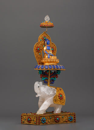 Shakyamuni Buddha on Crystal Elephant | Lapis & Coral Inlaid Gold Statue