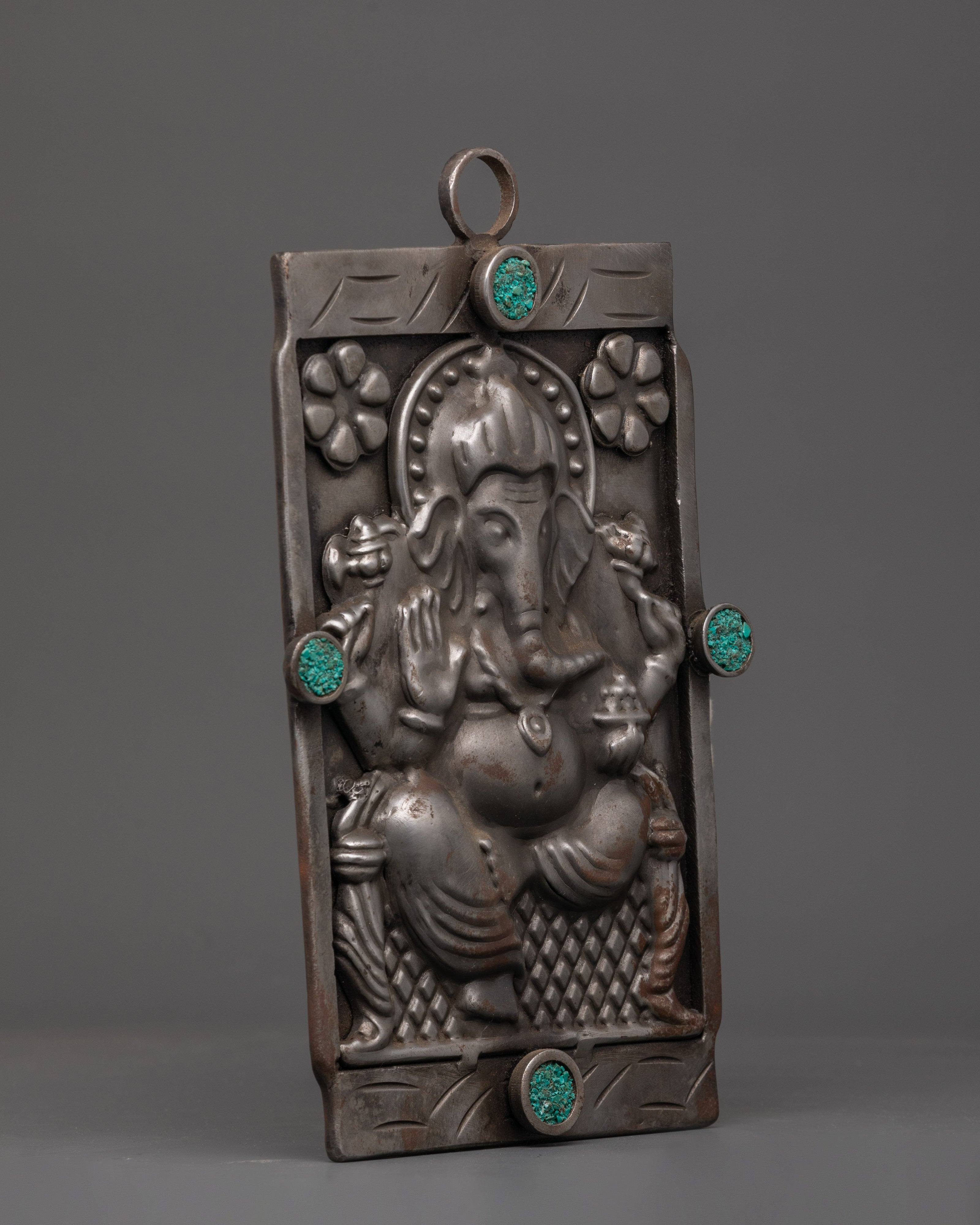 Hand-carved Ganesh Wall Hanging | Iron & Turquoise Stone Sculpture