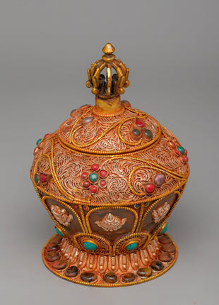 Crystal Dhupur Rice Pot | Handcrafted Copper Pot with Filigree and Gold Plating