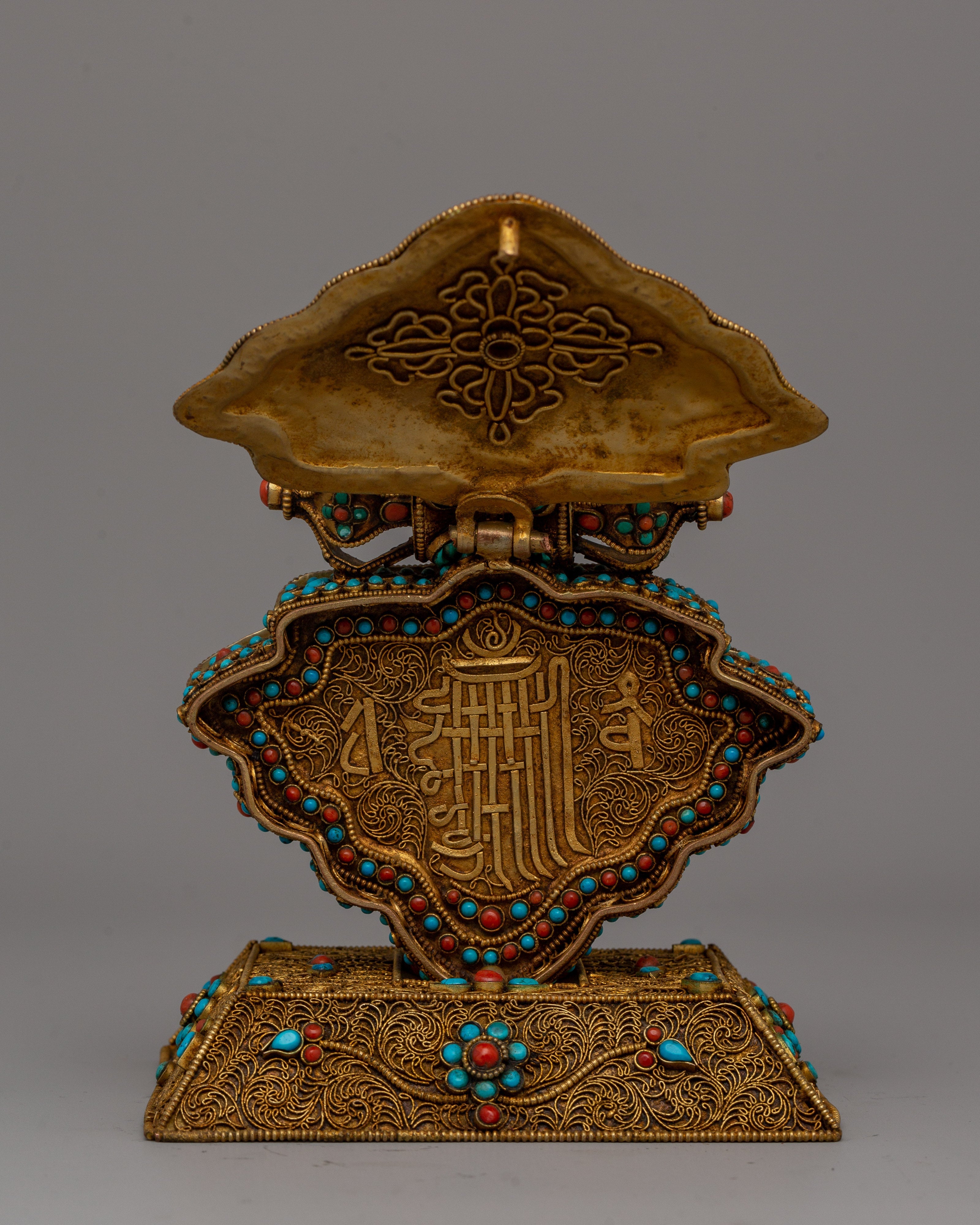 Copper Ghau Box | Tibetan Relic Holder with Filigree Work and Stones165