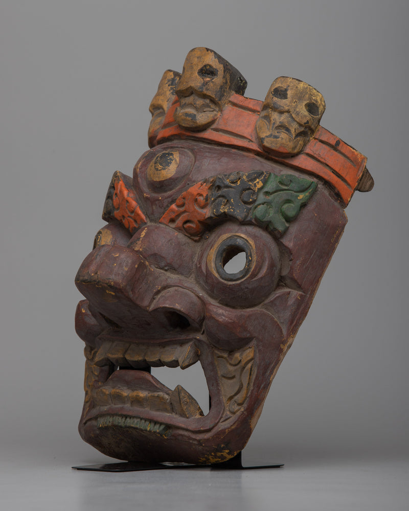 Vintage Mahakala Mask | Handcrafted Wooden Artifact of Divine Wrath