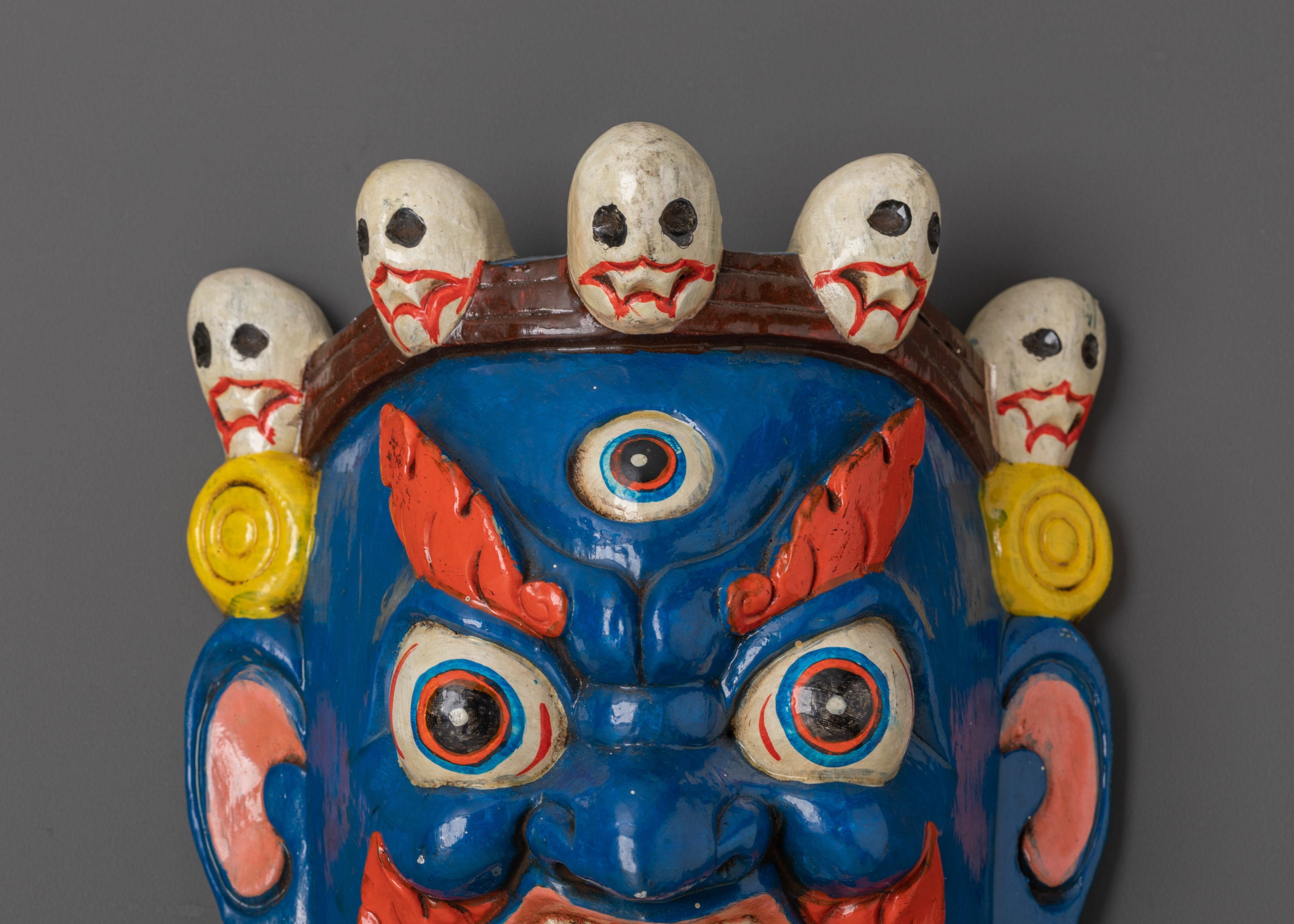 Handcrafted Tibetan Deity Wall Mask | Buddhist Blue Wrathful Guardian Art