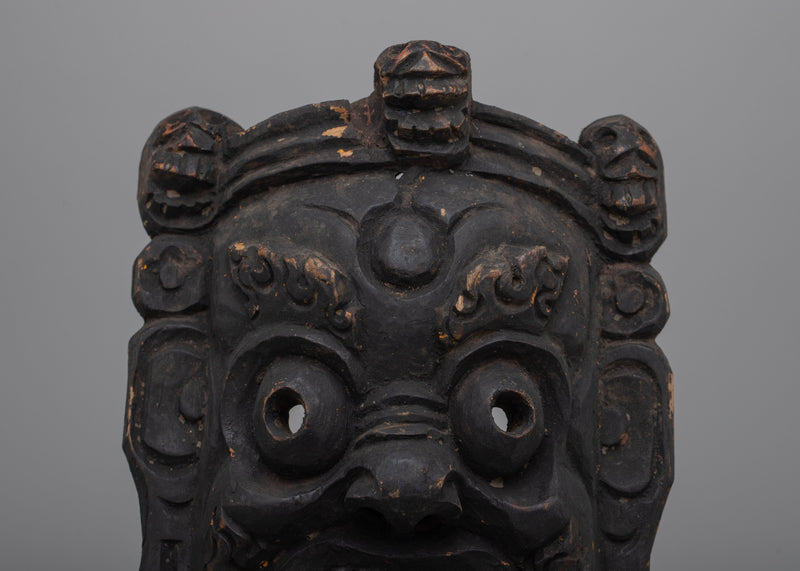 Wooden Vintage Mahakala Mask | Tabletop Decor with Spiritual Essence