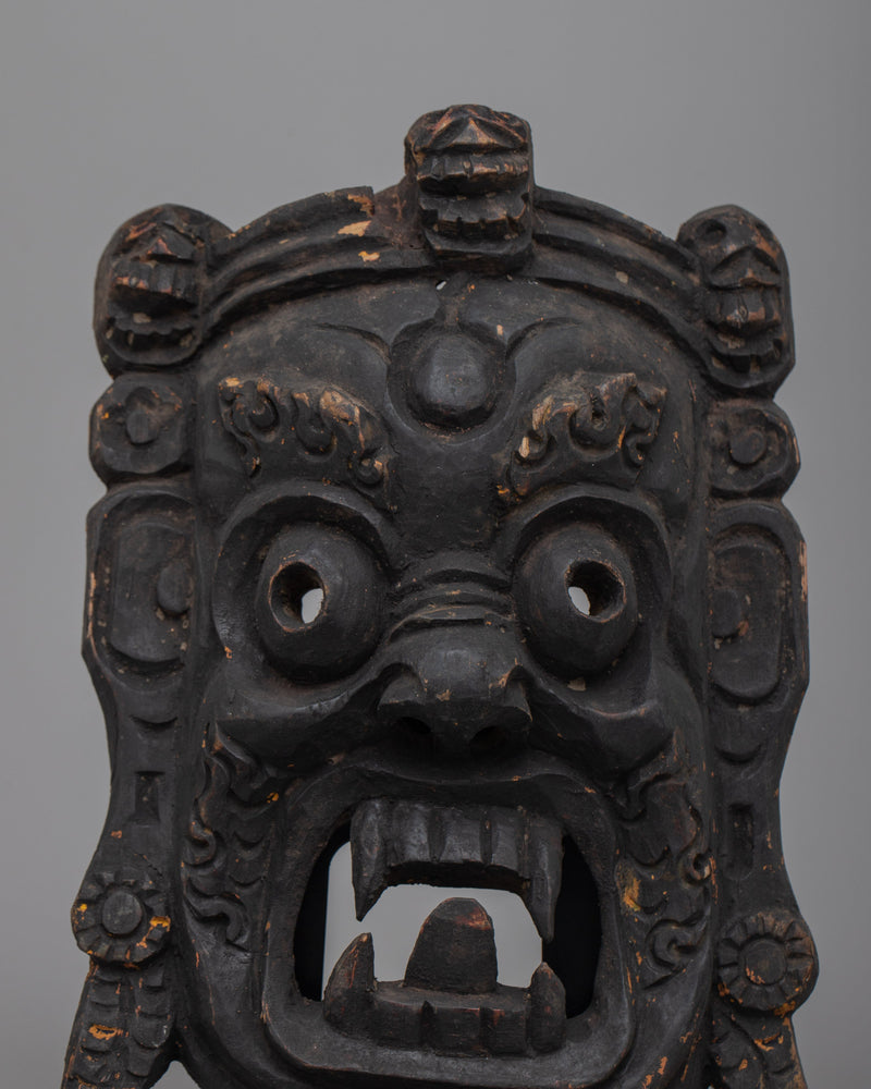 Wooden Vintage Mahakala Mask | Tabletop Decor with Spiritual Essence