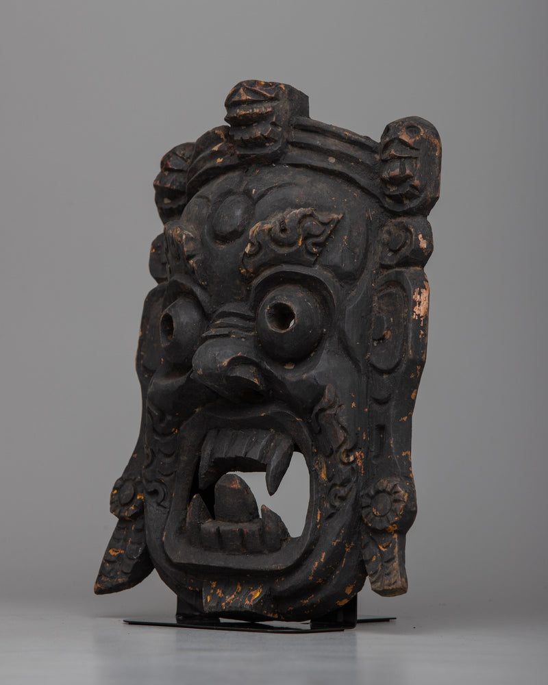 Wooden Vintage Mahakala Mask | Tabletop Decor with Spiritual Essence