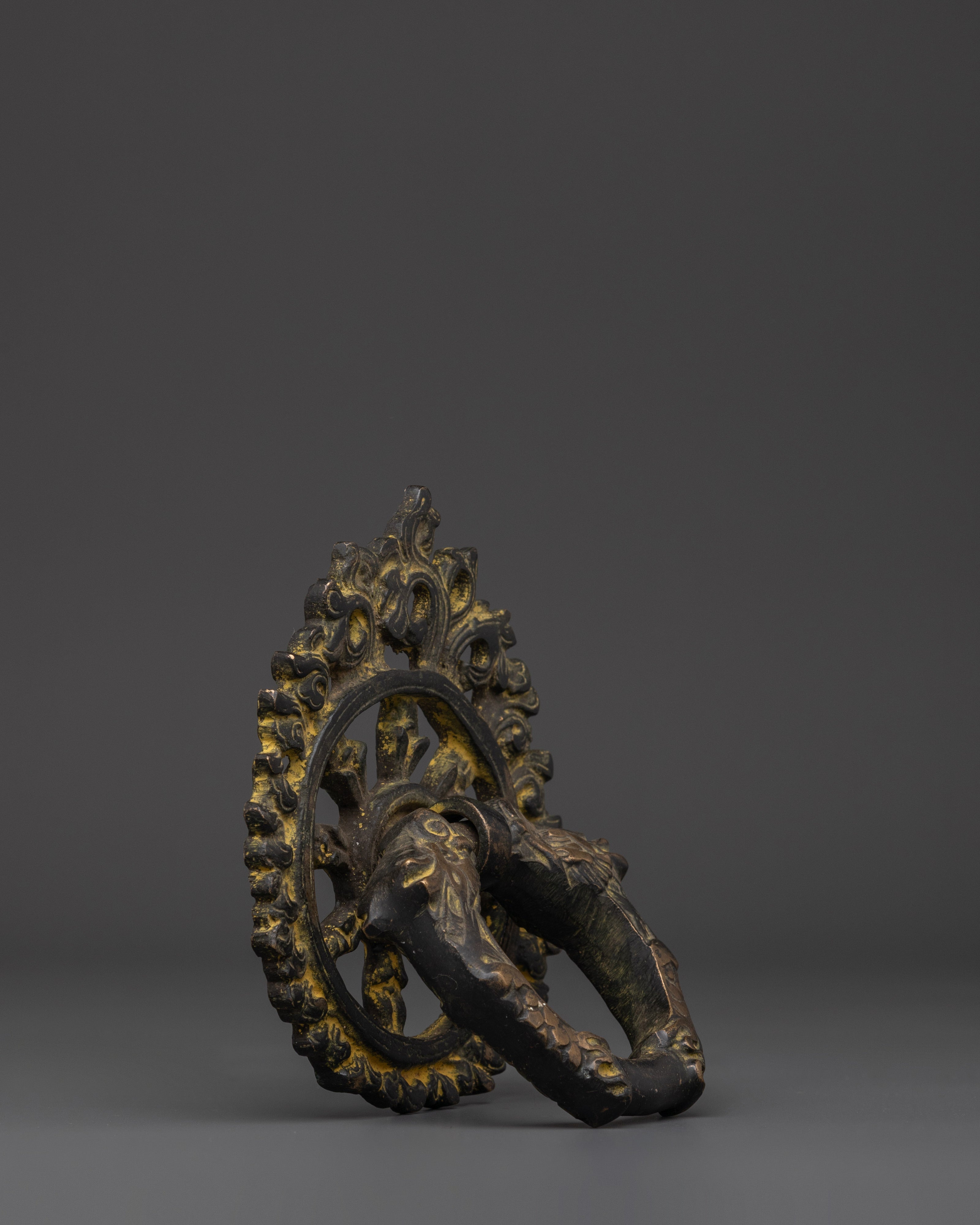 Tibetan Guardian Head Door Handle | Brass Ring Pull with Sacred Motifs