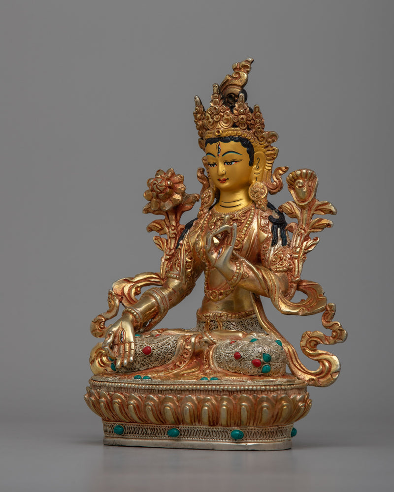 Copper White Tara Statue | Adorned in 24K Gold, Embodying Spiritual Enlightenment and Compassion