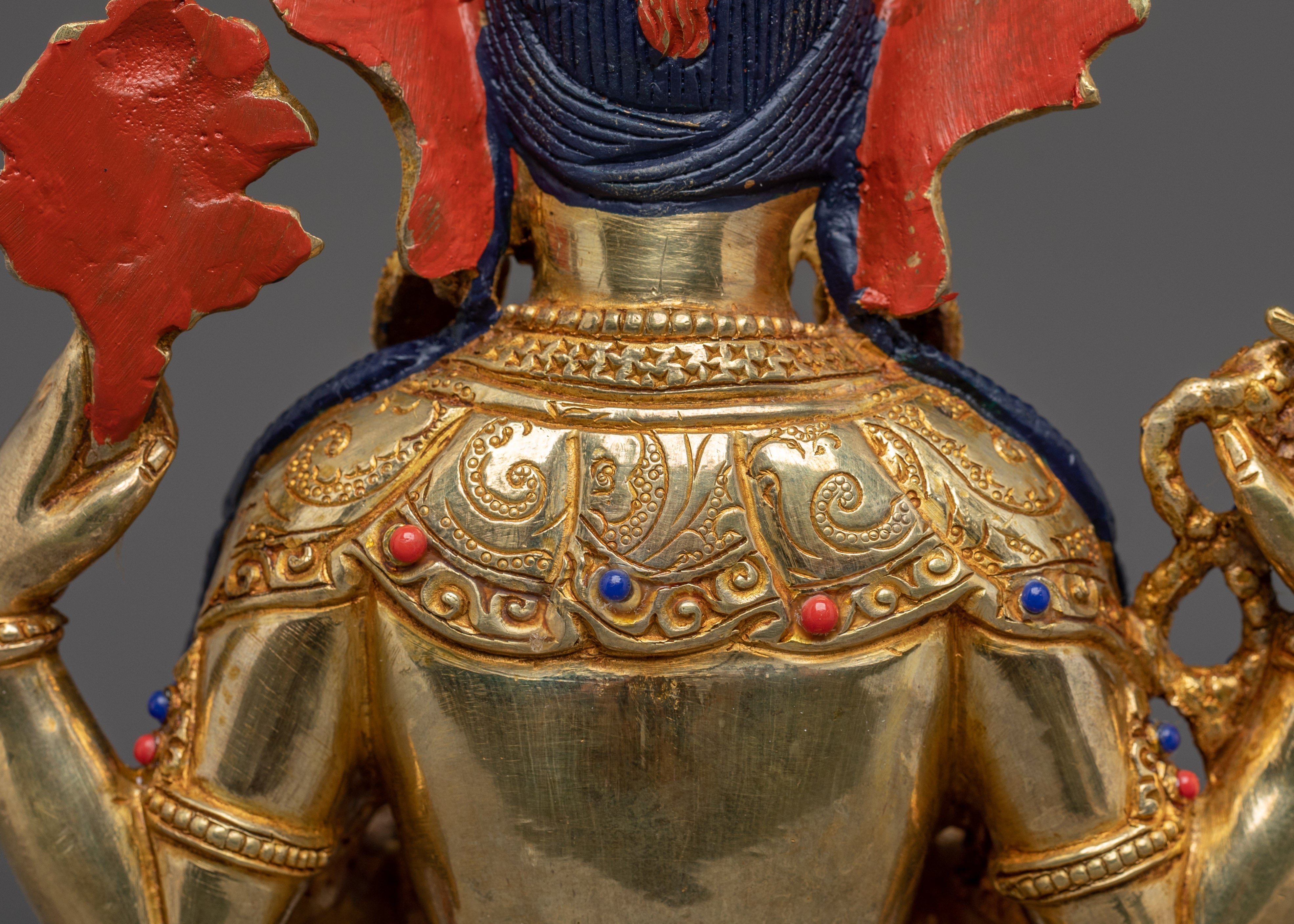 Gold Plated Buddhist Chenrezig Sculpture | Copper Sculpture with Coral & Turquoise