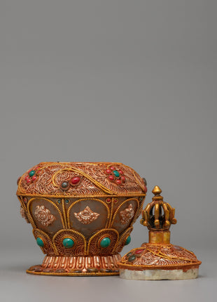 Crystal Dhupur Rice Pot | Handcrafted Copper Pot with Filigree and Gold Plating