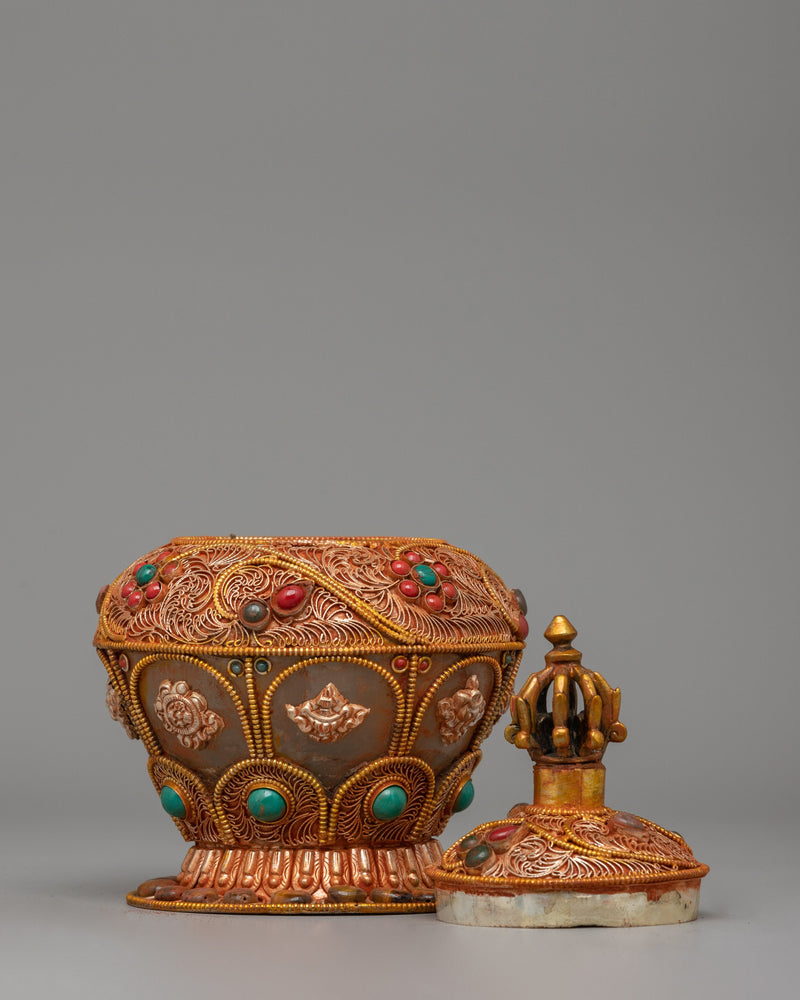 Crystal Dhupur Rice Pot | Handcrafted Copper Pot with Filigree and Gold Plating