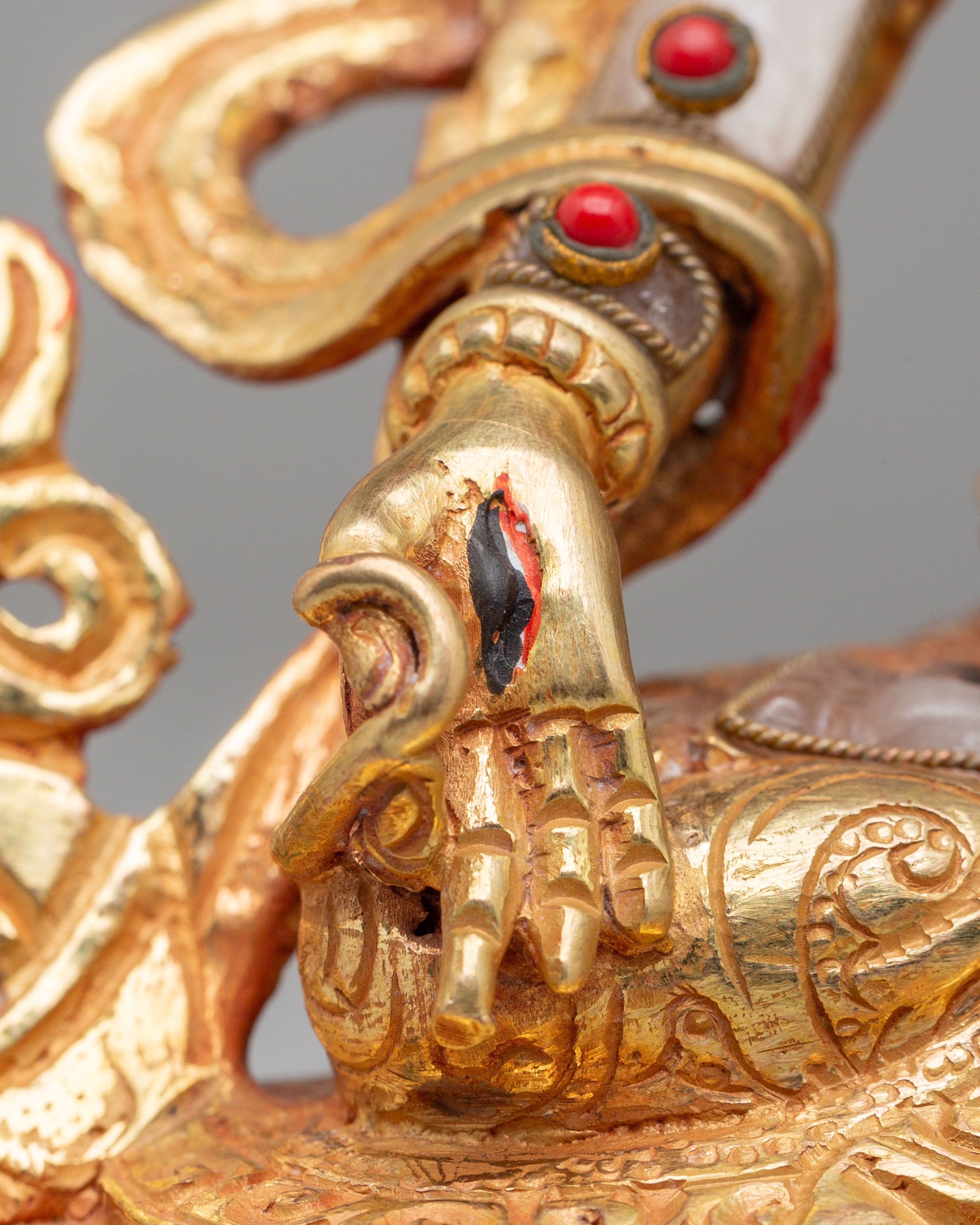 White Tara Spiritual Sculpture | Copper Buddhist Statue with Gemstone Details