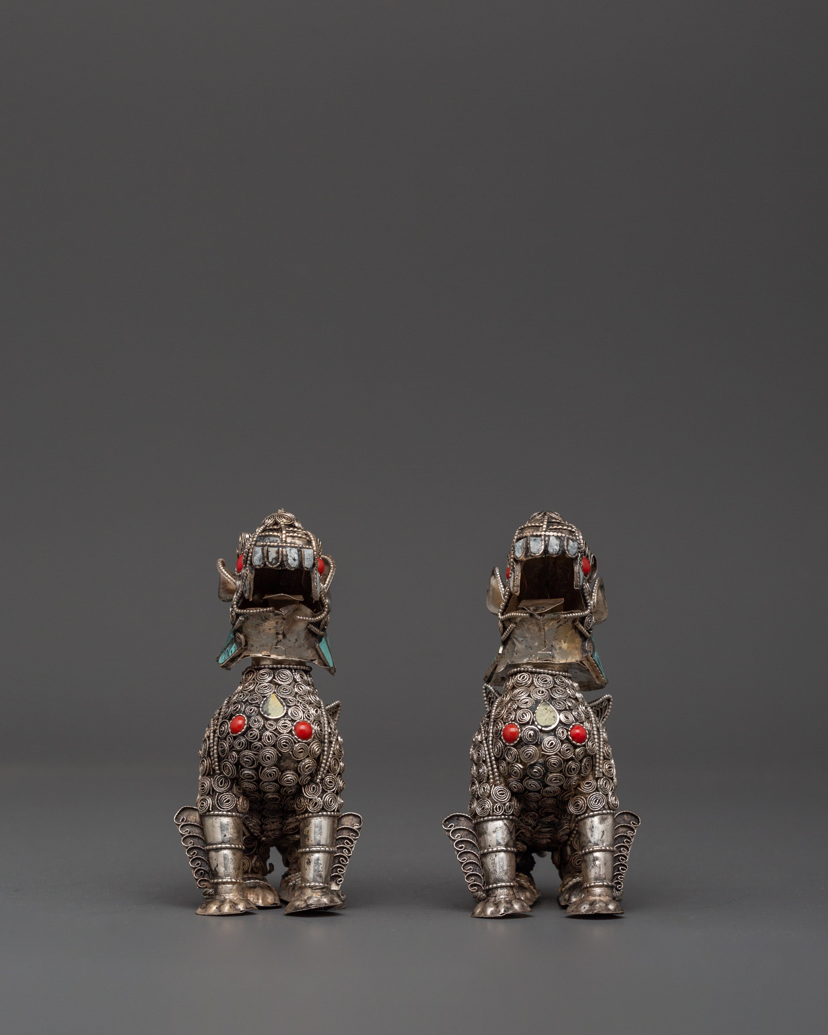 White Metal Guardian Lion Statue Set | With Coral, Turquoise & Lapis Lazuli Stones