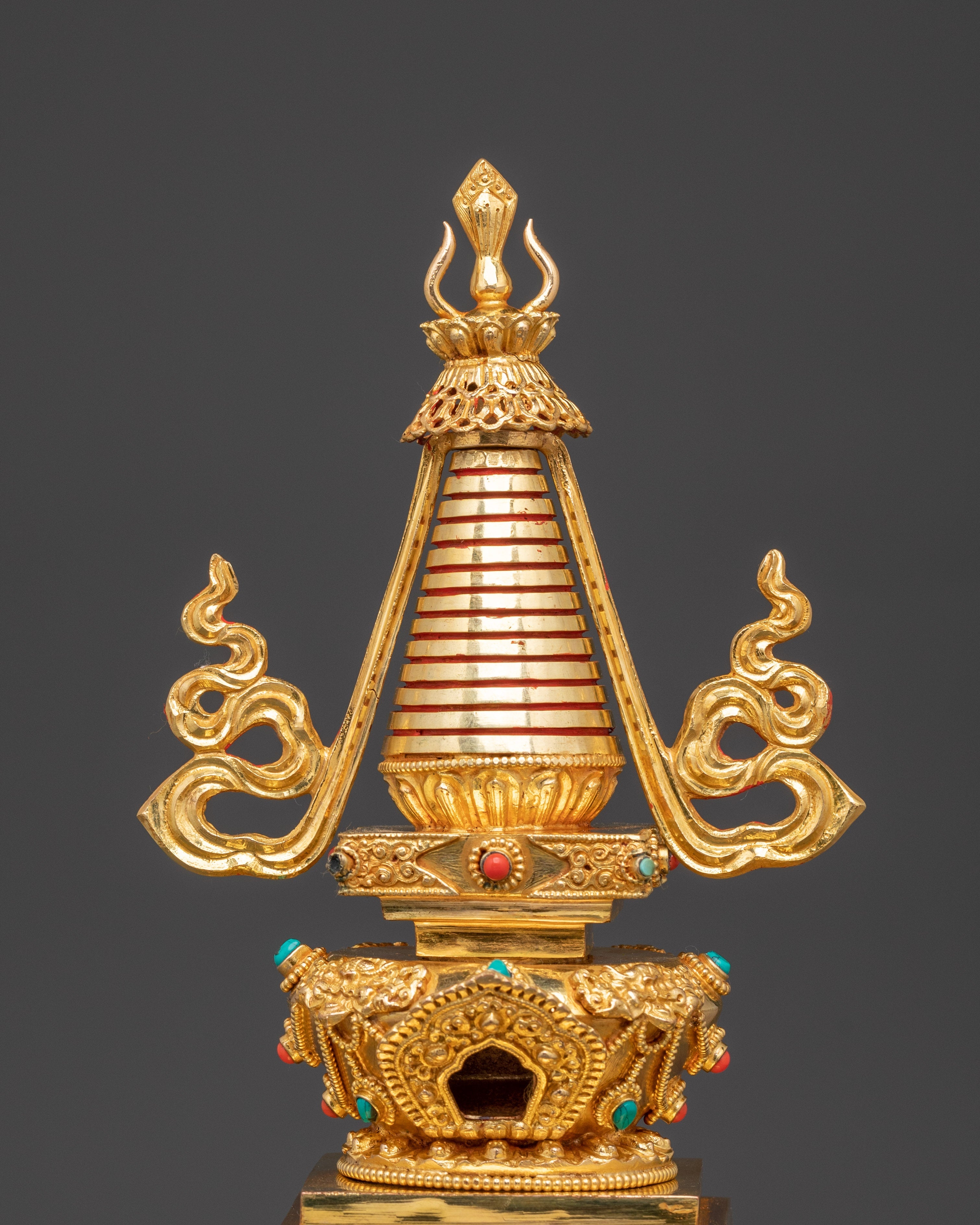 Gold Plated Buddhist Stupa for Rituals | Tibetan Copper Shrine