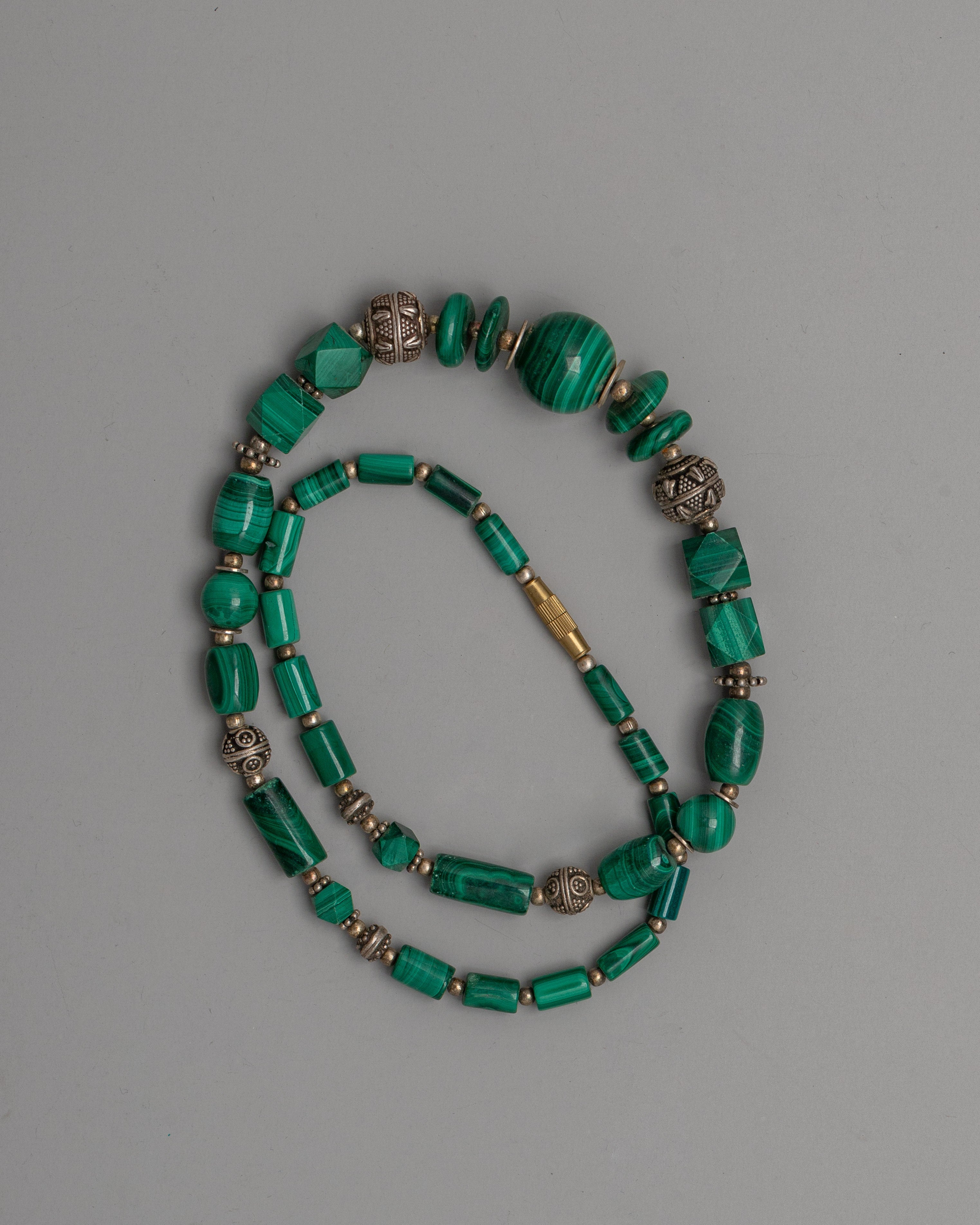Handcrafted Gemstone Necklace with White Metal Accents | Traditional Himalayan Design