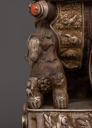 Tibetan Snow Lion Statue Set | Spiritual Decor with Antique Finish