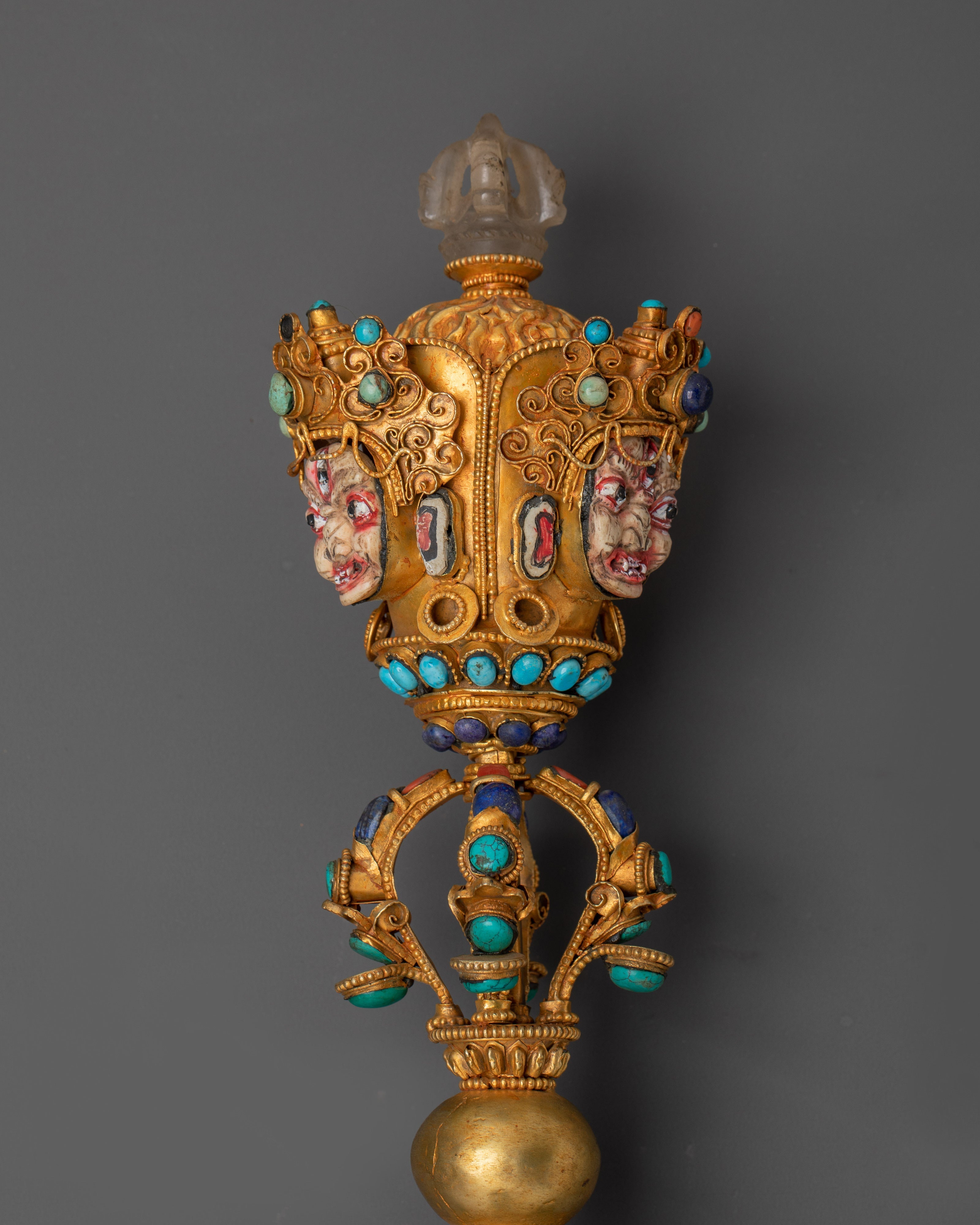 Buddhist Three Sided Phurba | Gold-Plated Ritual Dagger with Crystal and Turquoise