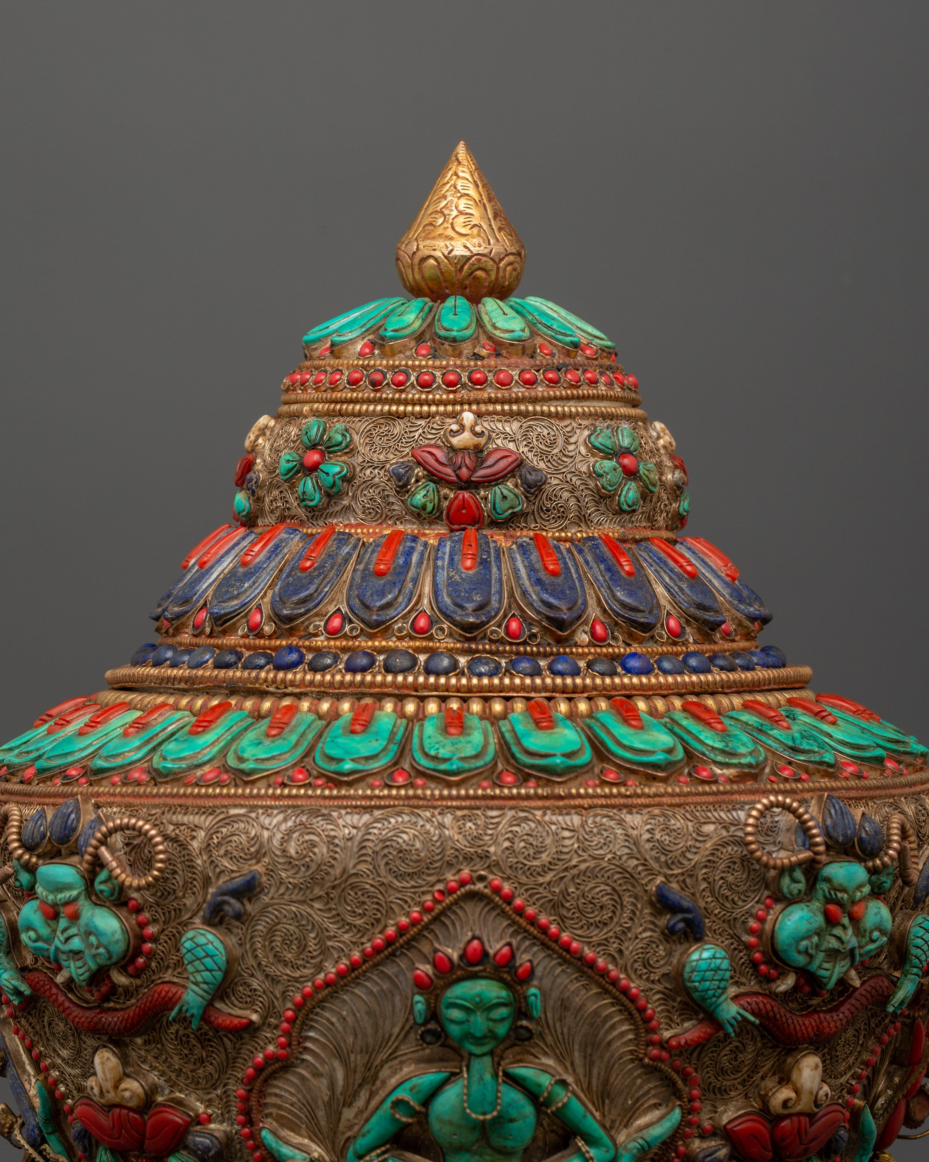 Tibetan Ritual Rice Pot with Coral | Buddhist Ritual and Altar Use