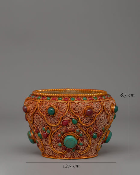 Tibetan Golpa Bowl with Coral | Sacred Buddhist Ritual Decor
