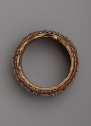 Tibetan Stone Border Bangle |  Intricately Carved Silver Design with Traditional Stone Accents