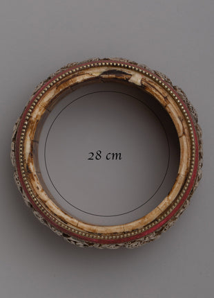 Tibetan Stone Border Bangle |  Intricately Carved Silver Design with Traditional Stone Accents