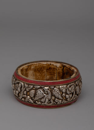 Tibetan Stone Border Bangle |  Intricately Carved Silver Design with Traditional Stone Accents