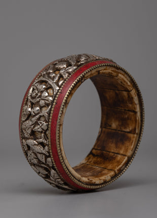 Tibetan Stone Border Bangle |  Intricately Carved Silver Design with Traditional Stone Accents