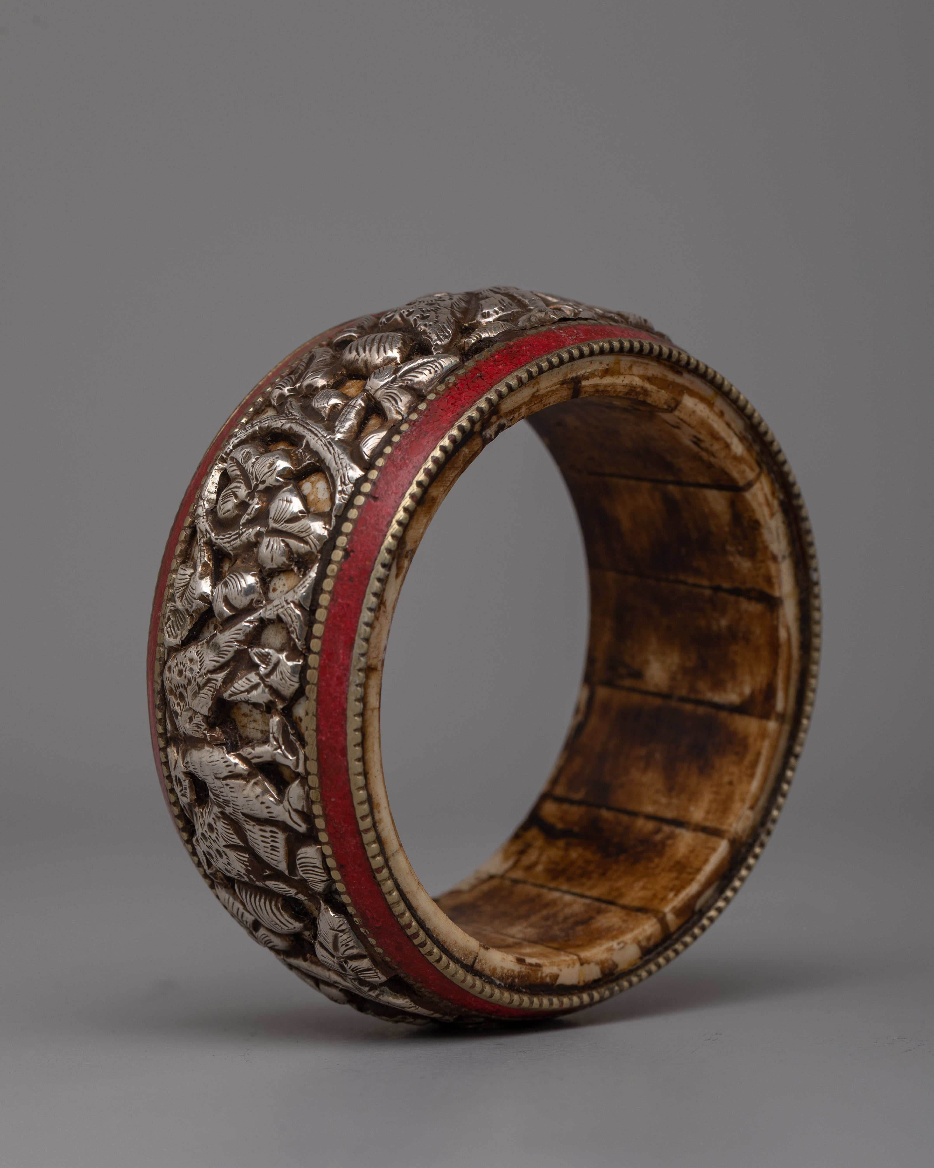Tibetan Stone Border Bangle |  Intricately Carved Silver Design with Traditional Stone Accents