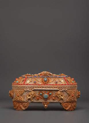 Gold-Plated Copper Tibetan Treasure Box | Coral & Turquoise Stones Inlaid Handcrafted Box