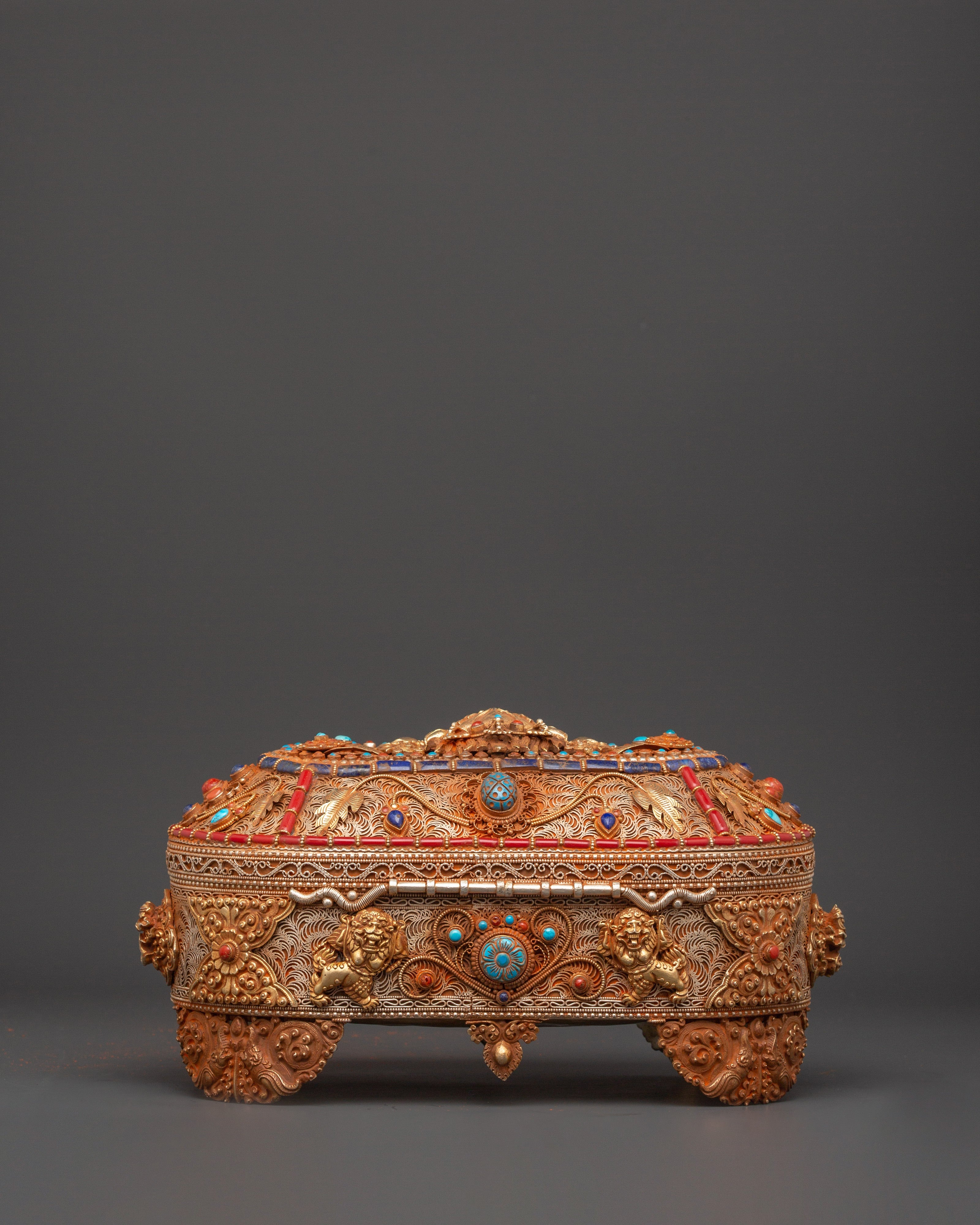 Gold-Plated Copper Tibetan Treasure Box | Coral & Turquoise Stones Inlaid Handcrafted Box
