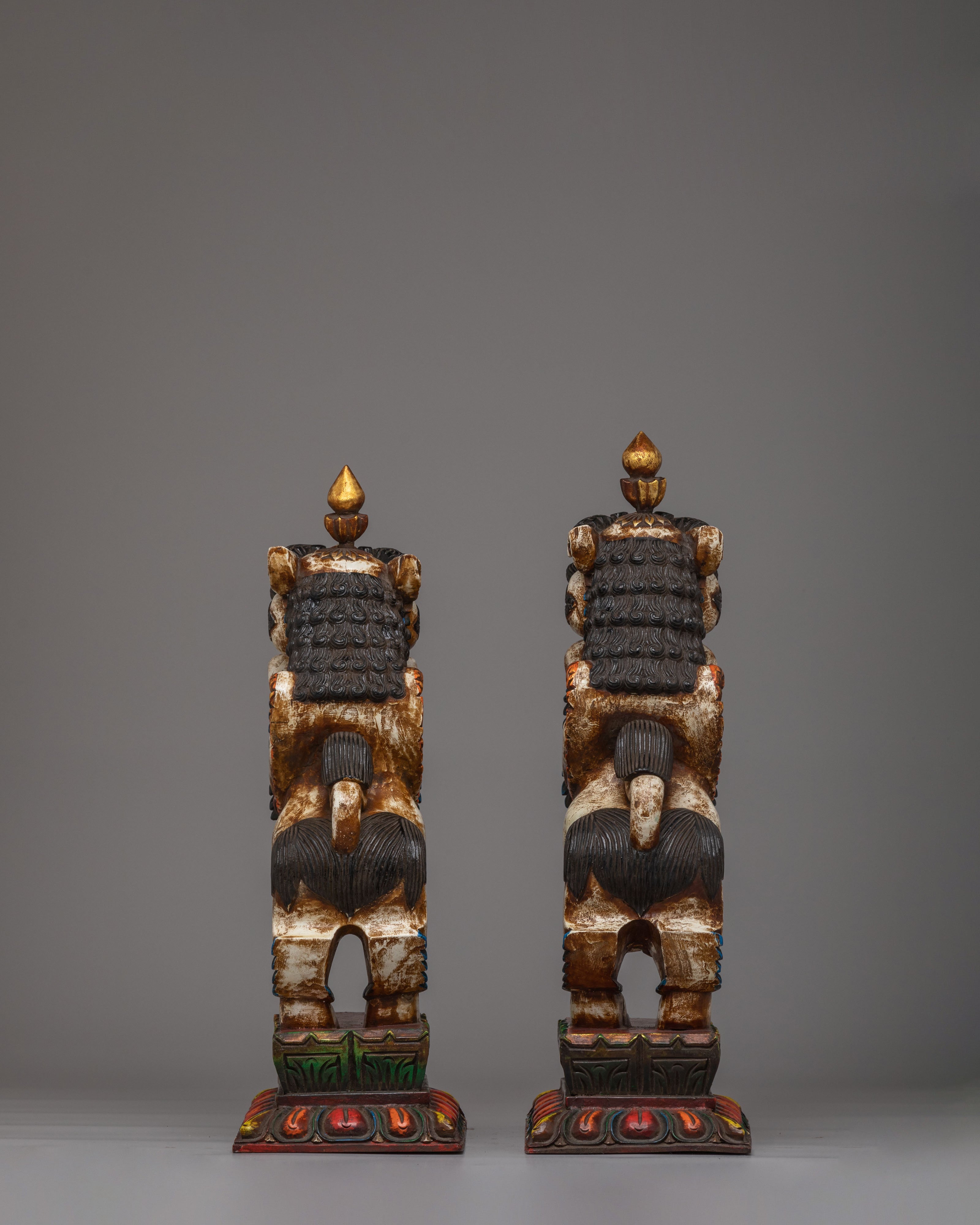 Handcrafted Sacred Guardian Lion Set | Wooden Lion Statue Set