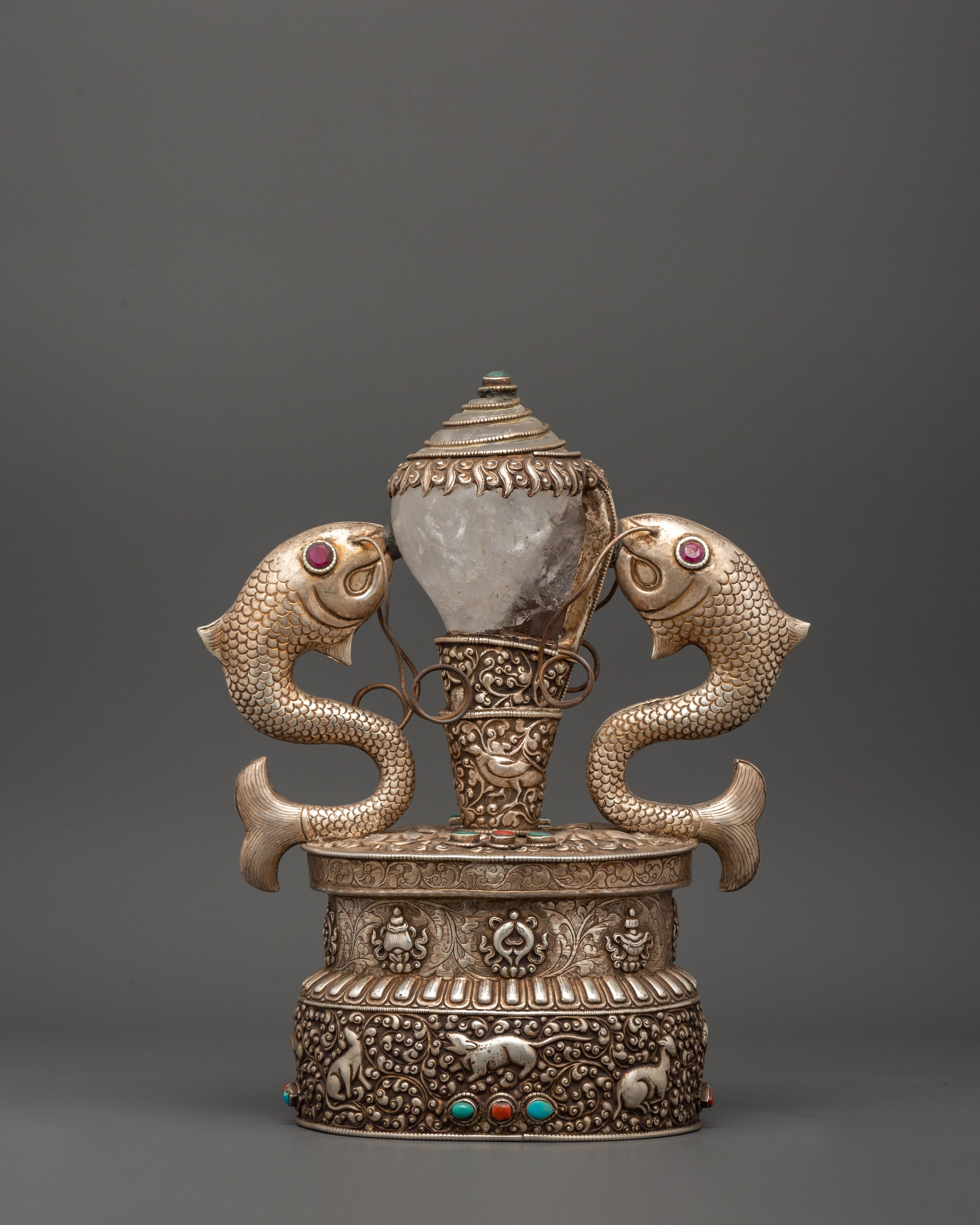 Conch with Auspicious Symbols | Handcrafted Silver & Crystal Tibetan Ritual Item