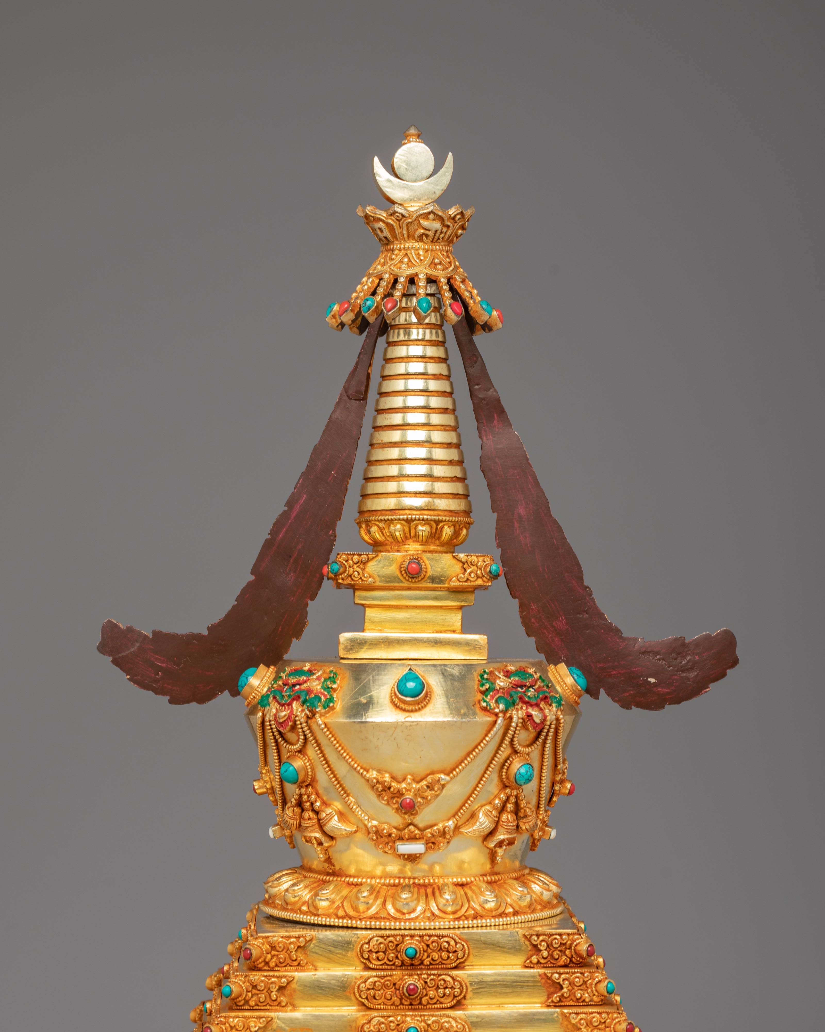 Golden Copper Tibetan Stupa | Sacred Buddhist Shrine Decor
